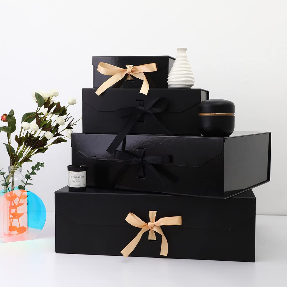 GoooodGift Extra Large Black Gift Box 19x16x6 Inches, Huge Gift Box with Ribbon Lid Magnetic Closure, Groomsman Proposal Box, Gift Boxes for Wedding Dress (Glossy Black)