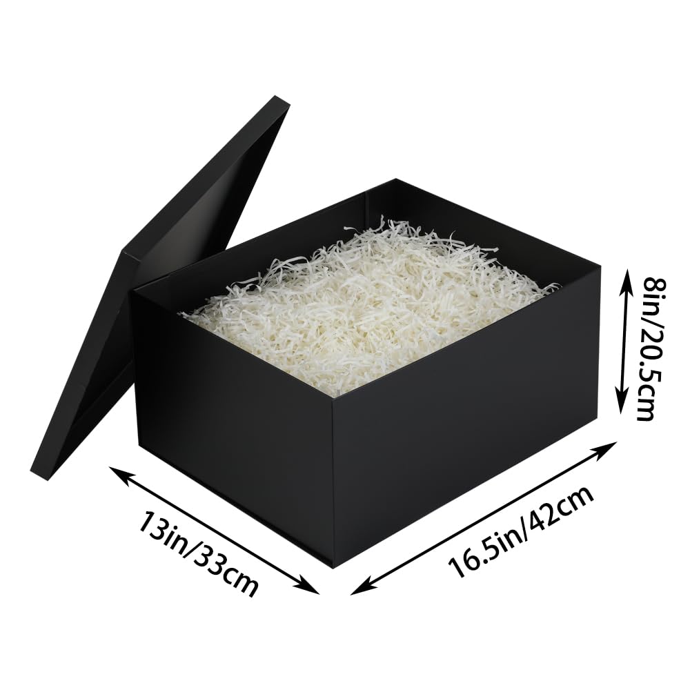 UoeRing 1Pcs Black Extra Large gift box with lids 16.5×13×8 Inches gift boxes for presents,Birthday Box (include Ribbon, Paper Shred Filler Gift Card & Envelopes)