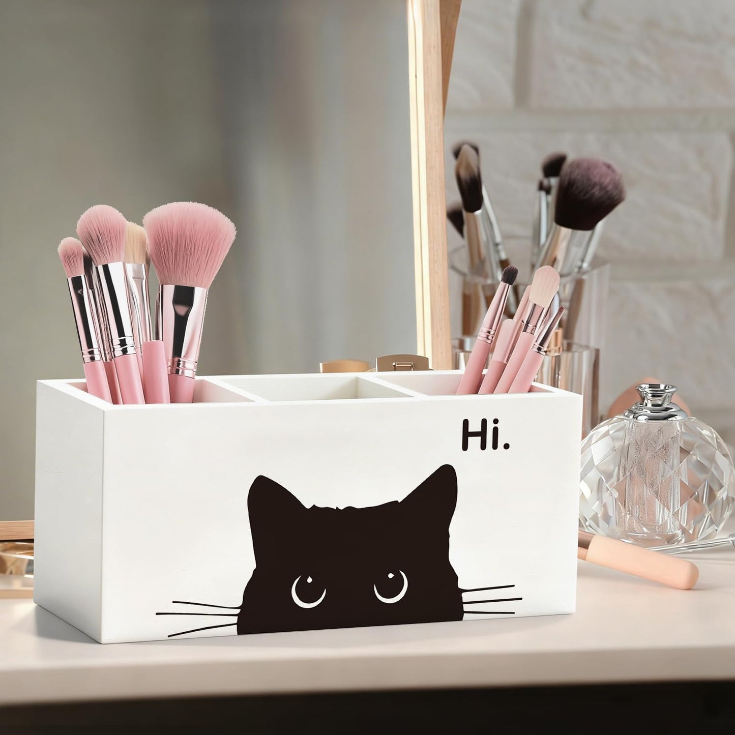 ELMCH Hi Black Cat Pen Pencil Holder Organizer for Desk, Black Cat Mom Lady Lovers Owner Gifts, Personalized Wooden Box Sign Desk Decor for Home Office Library Accessories
