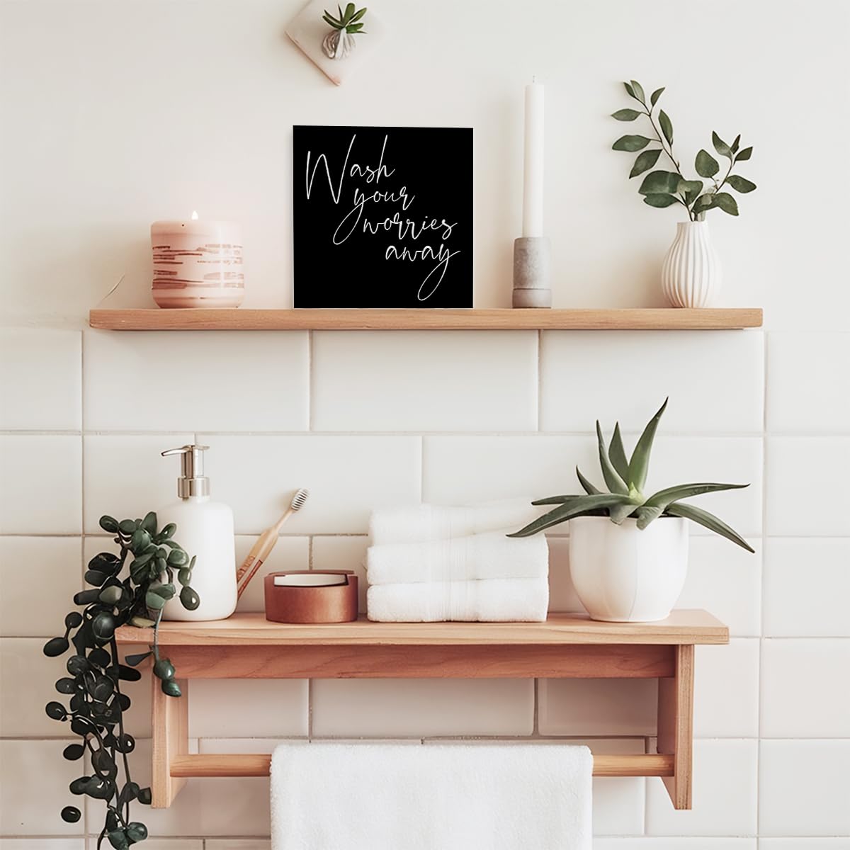 SJNH Wash Your Worries Away Sign Wood Block,Funny Black Bathroom Wooden Box Sign for Bathroom Shelf Washroom Toilet Restroom Shelves Decor 5" L x 5" W x 1.1" H