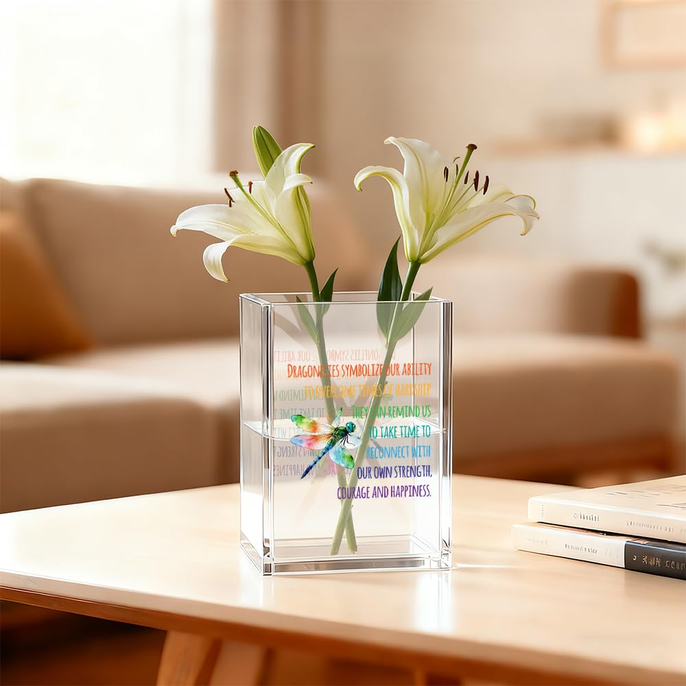 Gkodw Dragonflies Symbolize Our Ability Acrylic Pen Holder Cosmetic Organizer, Funny Dragonfly Pen Pencil Holders for Desk, Desk Accessories Office Gifts for Dragonfly Lover Teacher Coworker Daughter