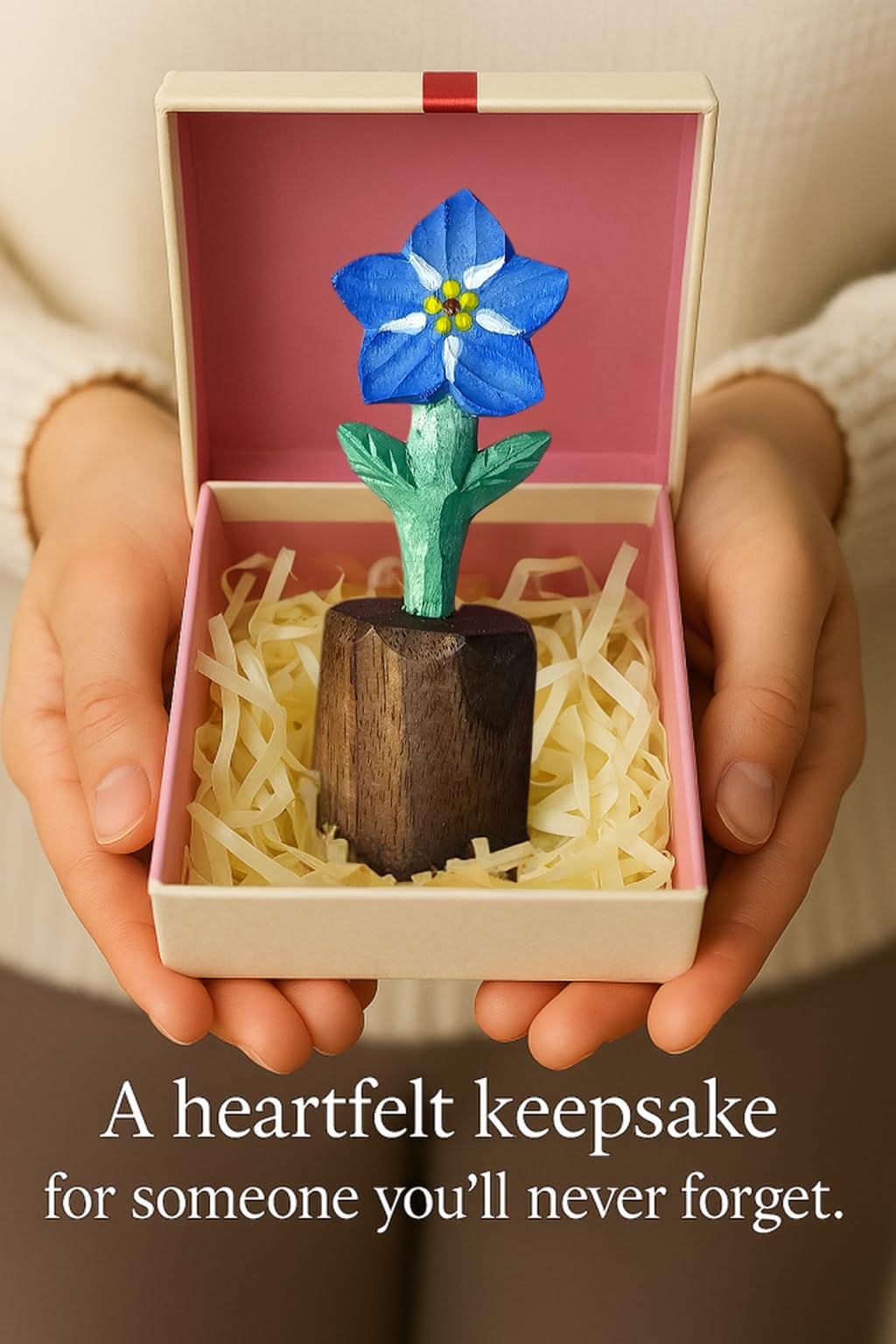 Artisan Wooden Blue Flower Figurine – Handcrafted Decorative Keepsake, Unique Gift for Her, Anniversary, Birthday, or Friendship, Natural Wood Sculpture with Gift Box Included