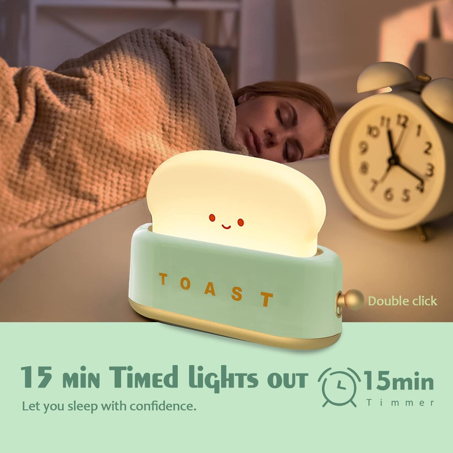 QANYI Desk Decor Toaster Lamp, Rechargeable Small Lamp with Smile Face Toast Bread Cute Toaster Shape Room Decor Night Light for Bedroom, Bedside, Living Room, Dining, Desk Decorations, Gift