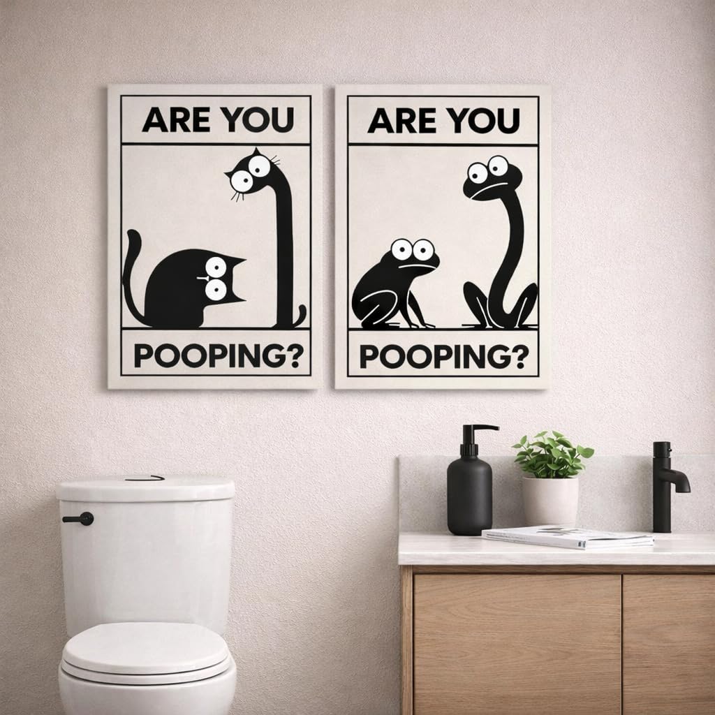 Framed Funny Bathroom Wall Art Set Of 2 Black And White Cartoon Animal Canvas Prints Are You Pooping Bathroom Decor For Guest Bathroom Powder Room Restroom Ready To Hang 12 X 16 Inches