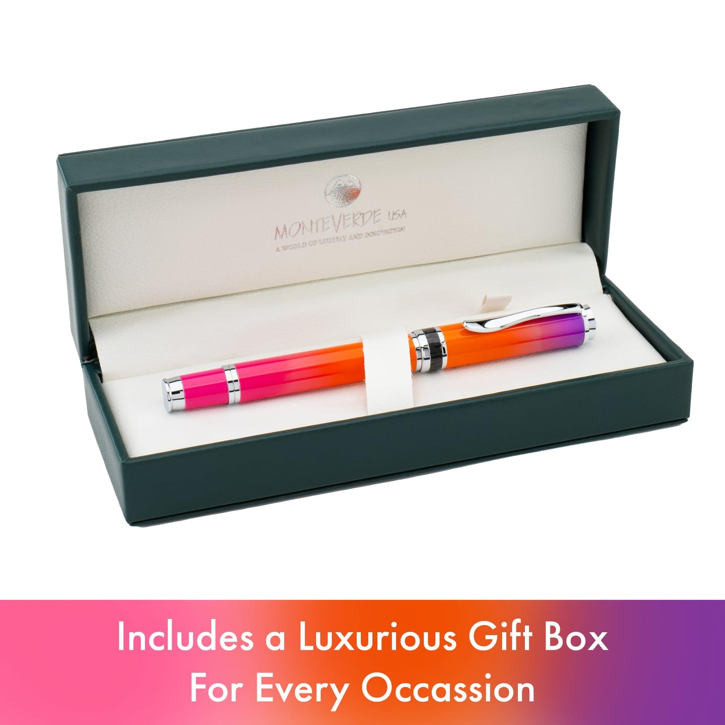 Monteverde USA Innova Ombre Fusion Harmony (Purple/Orange/Pink Gradient Finish) Fountain Pen - Medium Nib, Refillable, Gift Case, Luxury Pen