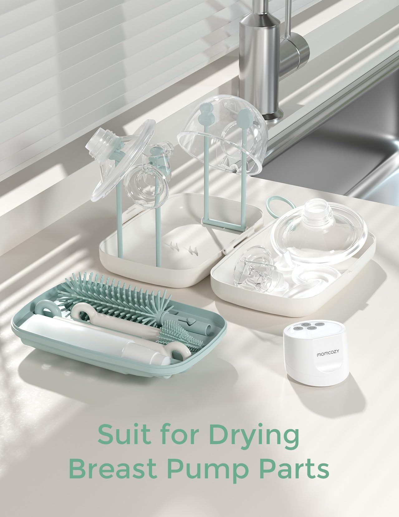 Momcozy Bottle Brush Set - Baby Bottle Cleaner Kit with Silicone Brush, Nipple Brush, Straw Brush, Soap Dispenser, Drying Rack - 7 in 1 Bottle Cleaning Tool for Home and Travel, Green