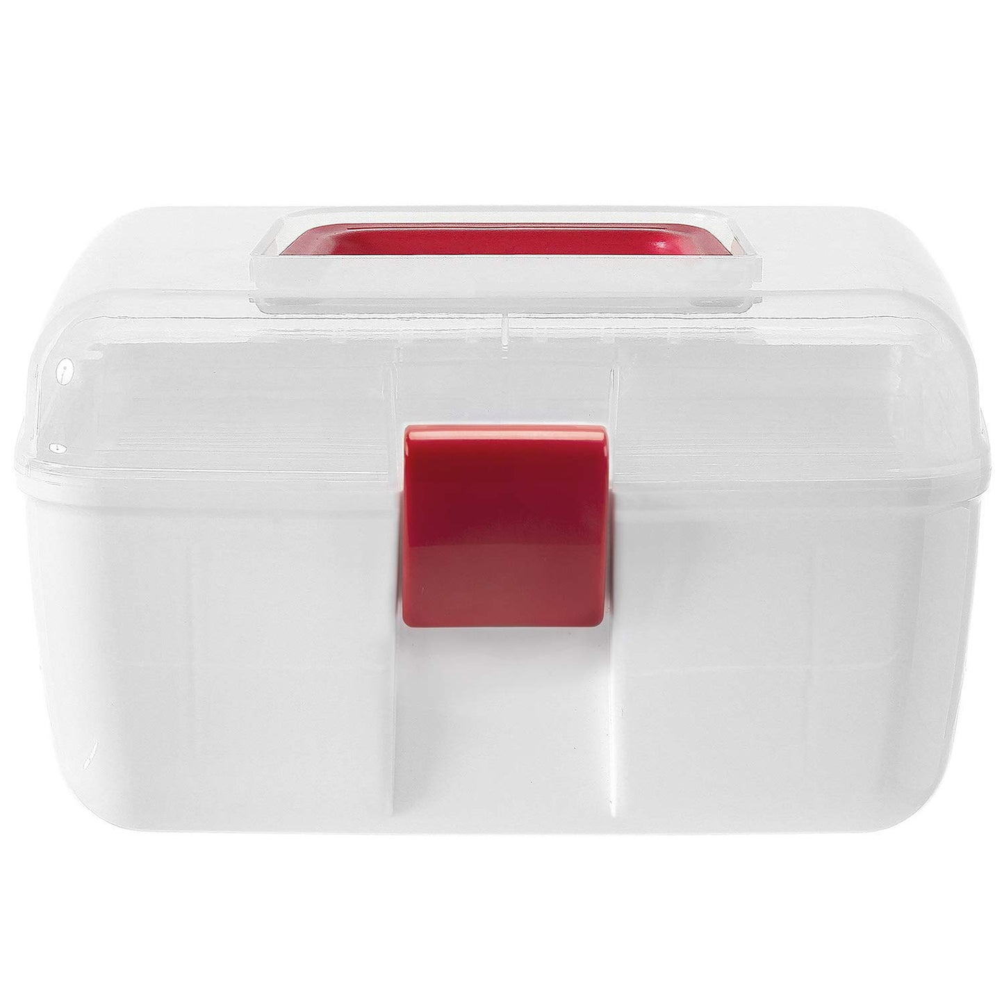 MyGift 10 Inch Multipurpose Portable White Plastic Storage Box with Removable Tray, Clear Lid and and Red Handle and Latch Lock, Home First Aid Storage Tool Box Sewing Kit Organizer Carrying Case