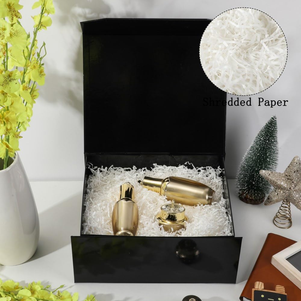 PACKGILO 1 Pcs Black Gift Box Large 13x11x5.3 Inch Black Magnetic Boxes with Crinkle Paper Red Large Gift Box with Shredded Paper Luxury Gift Boxes with Lids for Presents
