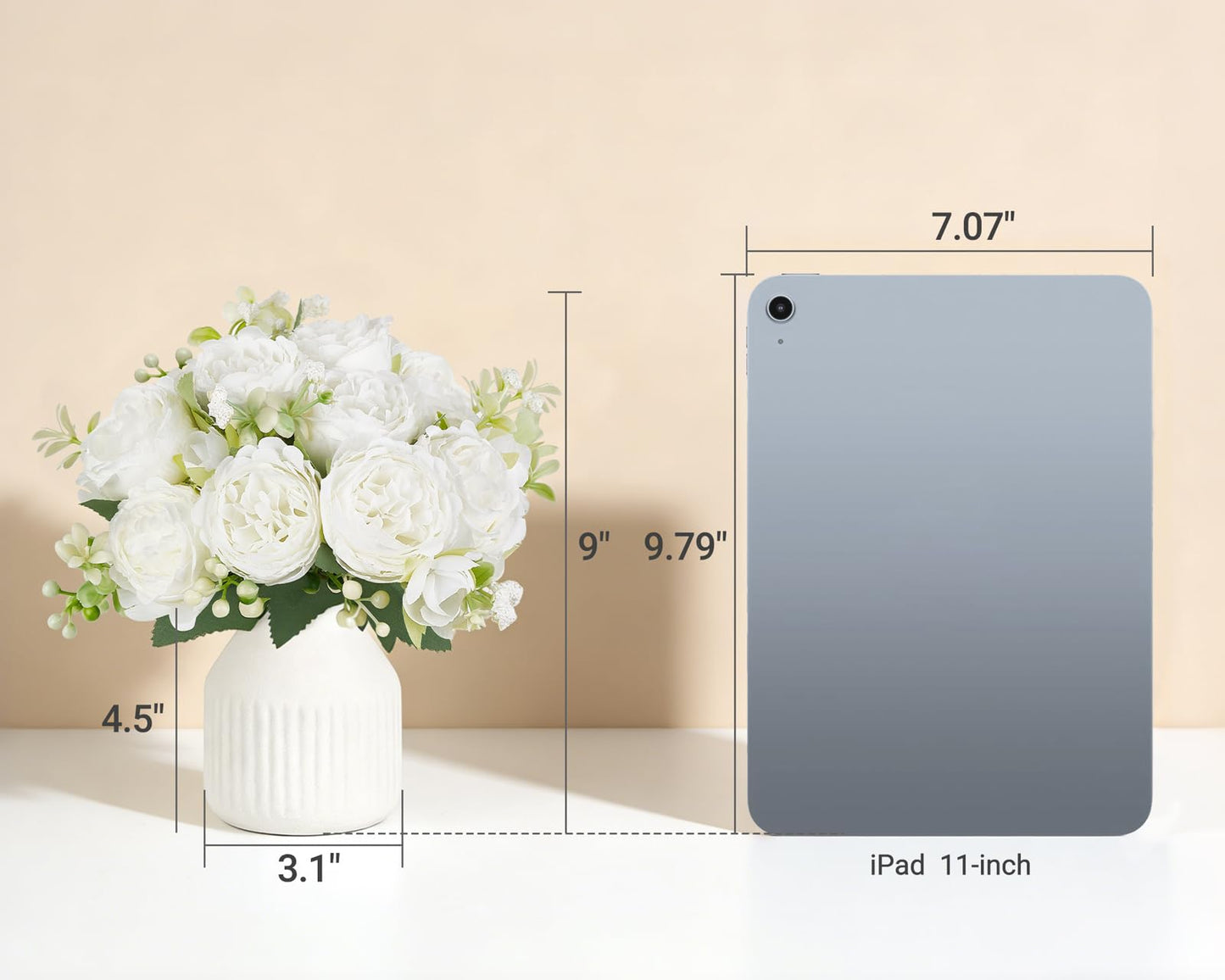 Mkono Fake Flowers in Vase 9 inches Artificial Flower Centerpieces Coffee Table Decorations Silk Flowers Arrangements for Home Desk Shelf Dining Room Kitchen Wedding Decor (White)