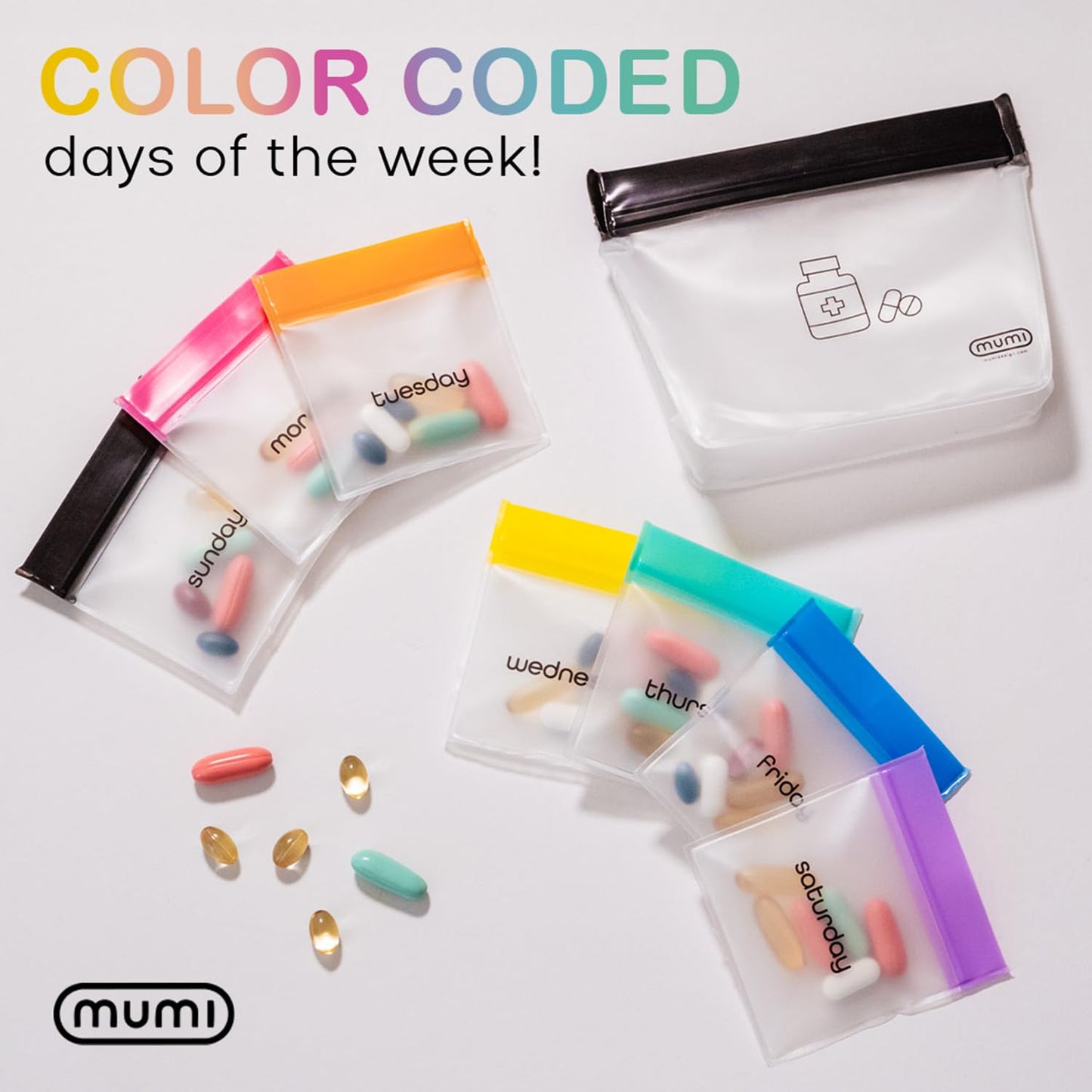 MUMI Pill Pouch Set, Travel Pill Organizer 7 Mini Zipper Pouches, Small Pill Bags, Reusable Pouches for Medicine Travel, Pocket Pill Organizer, Purse Accessories, Vitamin Organizer