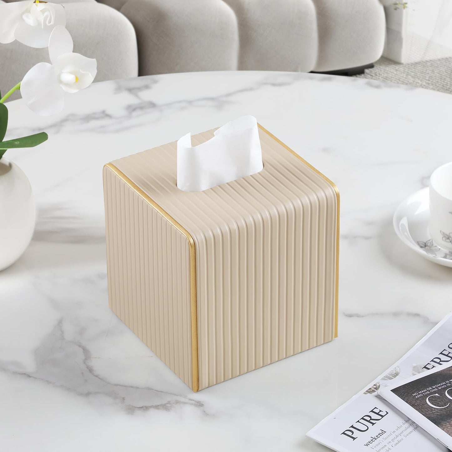 Square PU Leather Tissue Box Cover with Magnetic Closure, Decorative Tissue Holder & Storage Container for Bedroom, Living Room, Dining Room, Bathroom, Countertop, Desk & Office (Black)