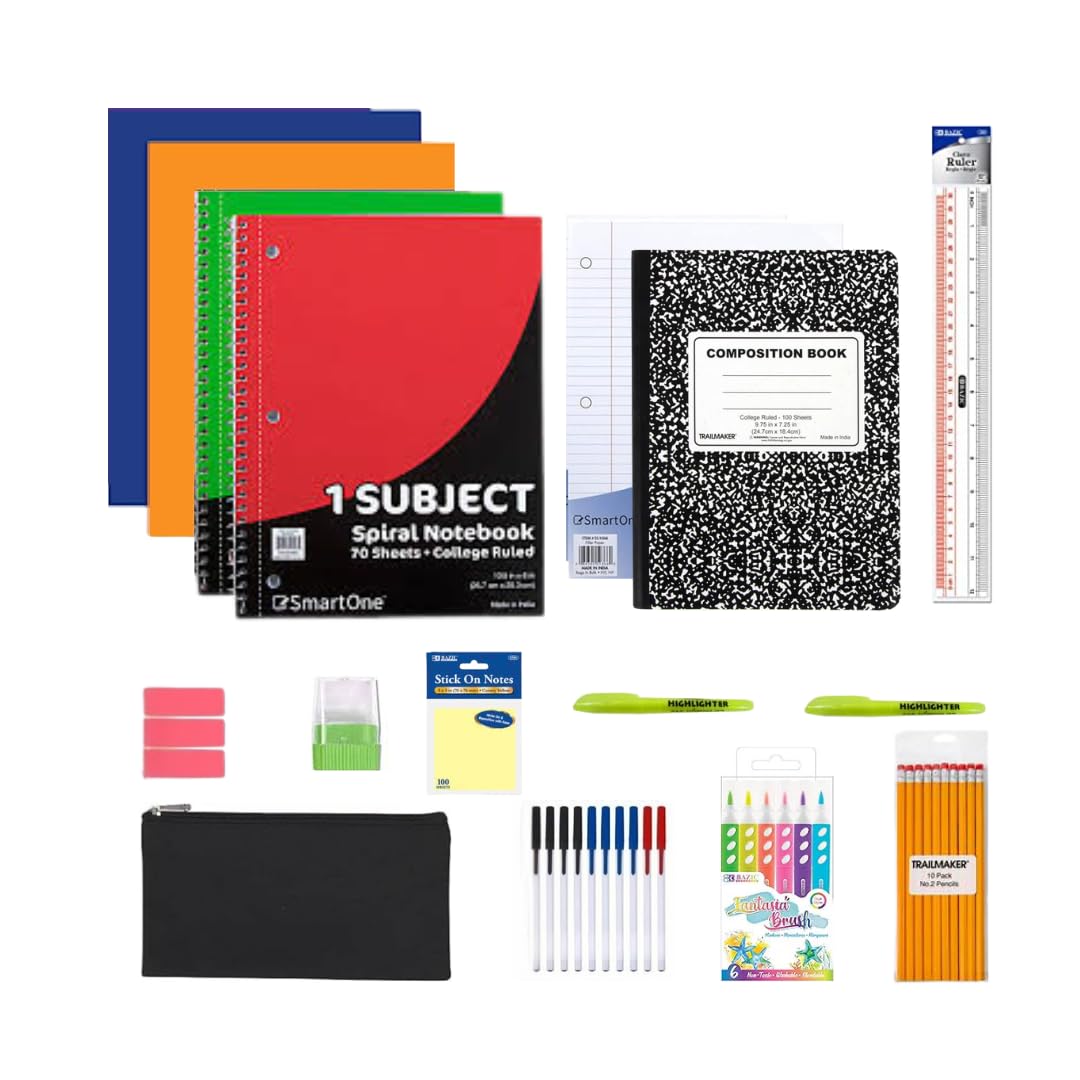 Essential 40-Piece Student Supply Kit ā Ideal for students returning to class - Includes Notebooks, Folders, Pencils, Pens, Highlighters, Erasers, Ruler,