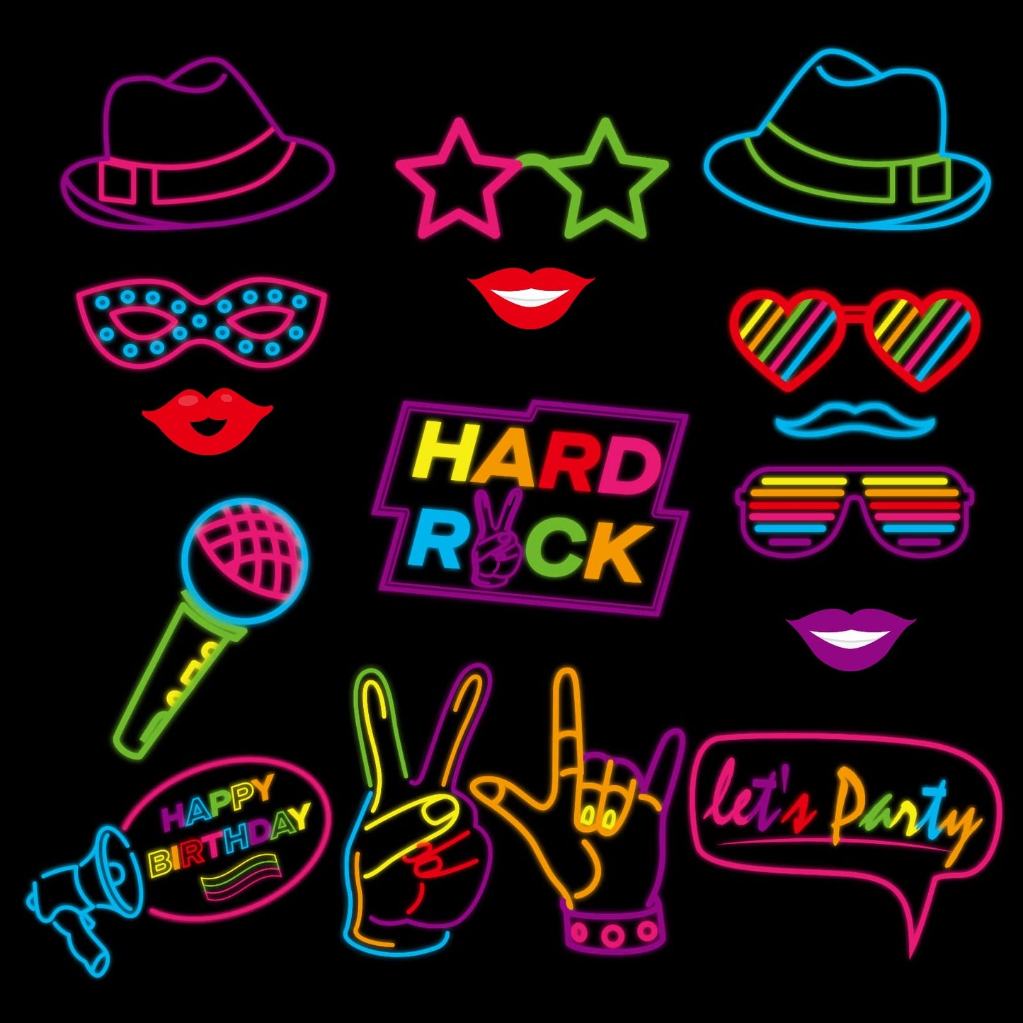 KEPATO 16 Pcs Glow Neon Photo Booth Props with Stick Fluorescent Neon Party Supplies for Birthday Disco Black Light Party 