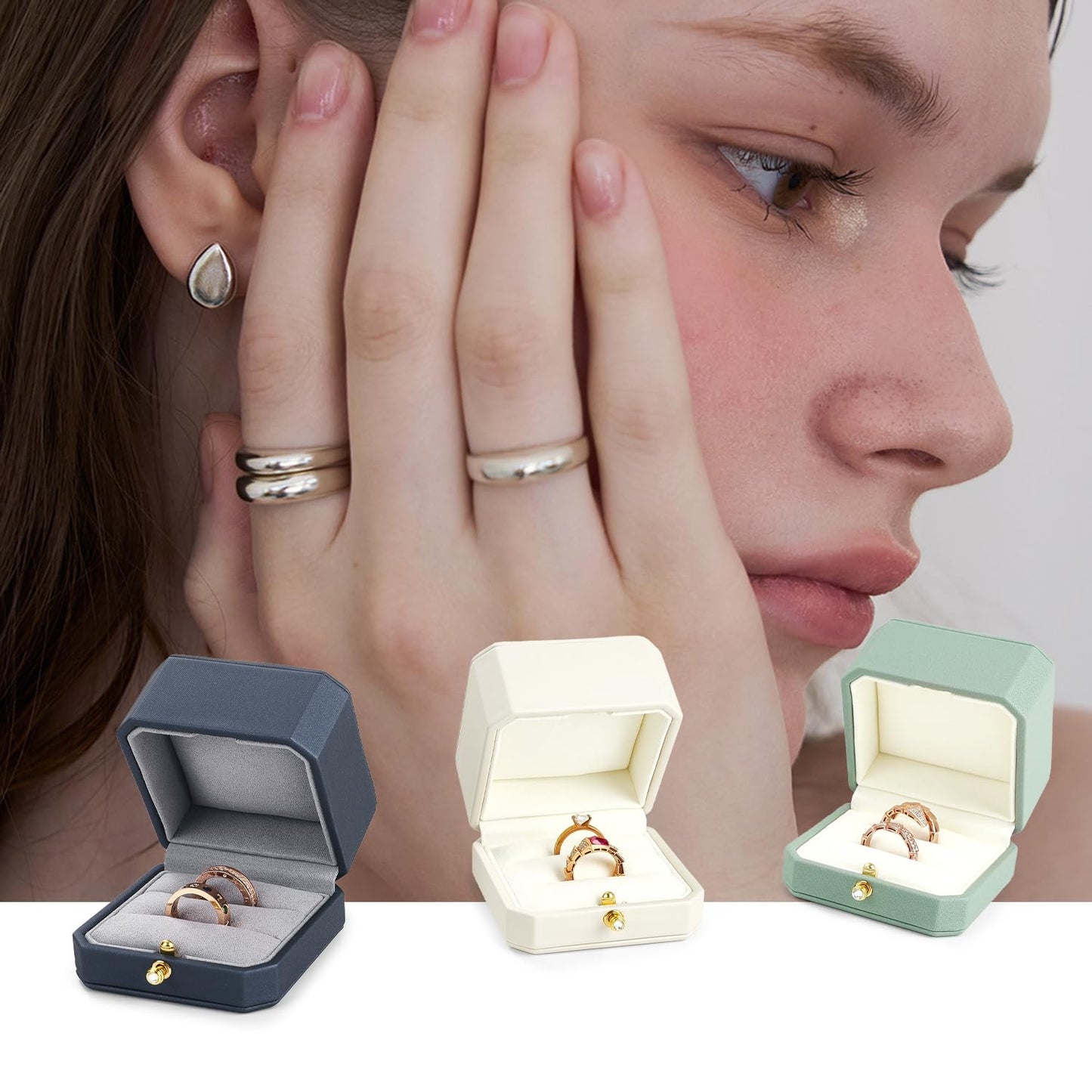 Oirlv Premium Leather Double Ring Box for Wedding Ceremony Engagement Couple Rings Holder Jewelry Gift Box(Blue,Double)