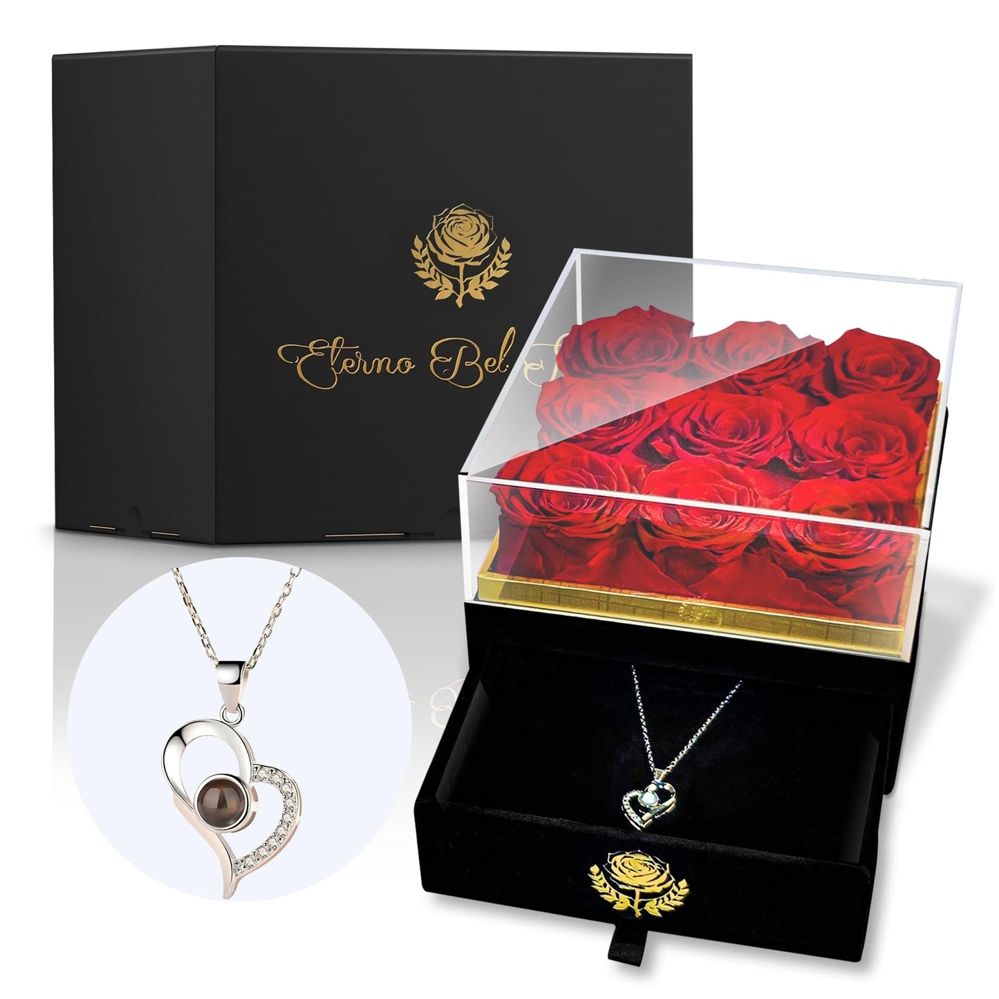 Eterno Bel Fiore Luxury Preserved Roses - I Love You Necklace - Velvet Box with Drawer - Luxury Gift for Valentines Day Birthdays Mother's Day Anniversaries - Wife Mom Girlfriend Sister