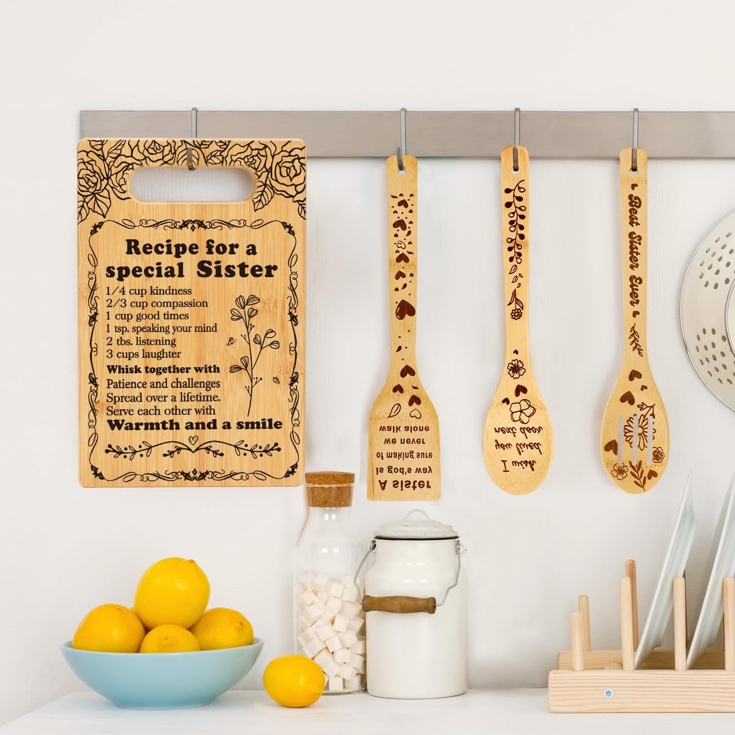 Sister Birthday Gifts Cutting Board Set, Recipe for a Special Sister - Mothers Day Birthday Gifts for Sister from Sister Engraved Utensil Friendship Gift for Women Bestie Best Friend Soul Sister