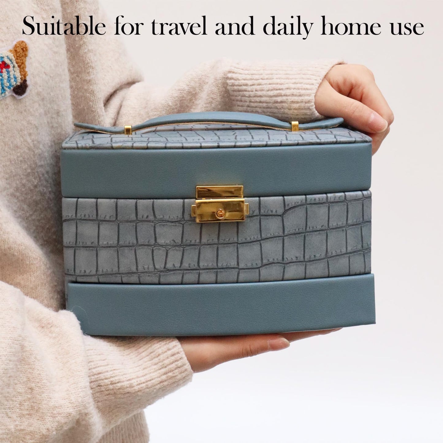 Hmsnyysl Elegant 3 Layer Lockable Jewelry Box for Women – Mirrored Jewelry Organizer with Key & Drawer, Travel Friendly PU Leather Storage Case,Gift for Wife, Mom, Daughter(Blue)