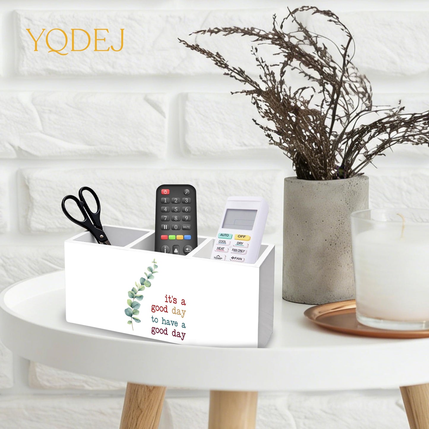 YQDEJ Motivational Eucalyptus Leaves Pen Holder for Desk Accessories, It's a Good Day to Have a Good Day Inspirational Wooden Box Sign Desk Pencil Holder Organizer for Home Office Decoration