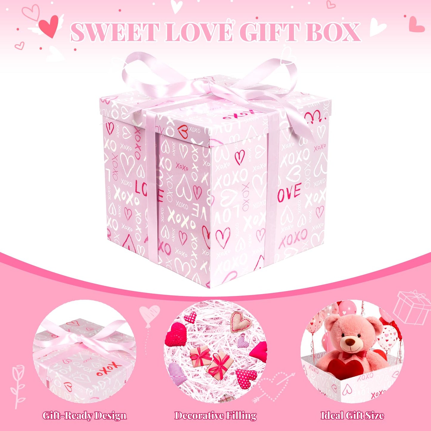 Lyforpyton Large Pink Valentine's Day Gift Box with Lids, Ribbons and Shredded Paper Fill,Suitable for Anniversaries and Valentine's Day, Wedding, Birthday, Party ,11.8" x11.8"x10.6"