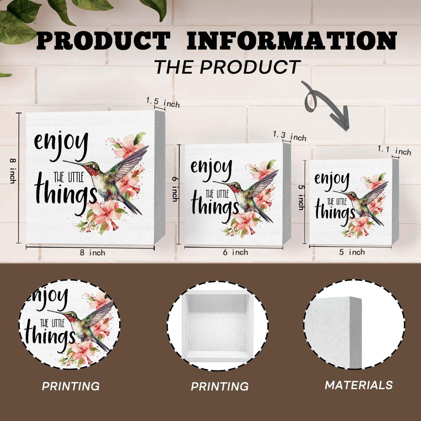 GWOKPAAI Hummingbird Inspirational Wooden Box Signs Desk Decor, Hummingbirds Gifts for Women,Enjoy the Little Things Motivational Wooden Signs Desk Decorations for Home Bedroom Tabletop Shelf,5x5in