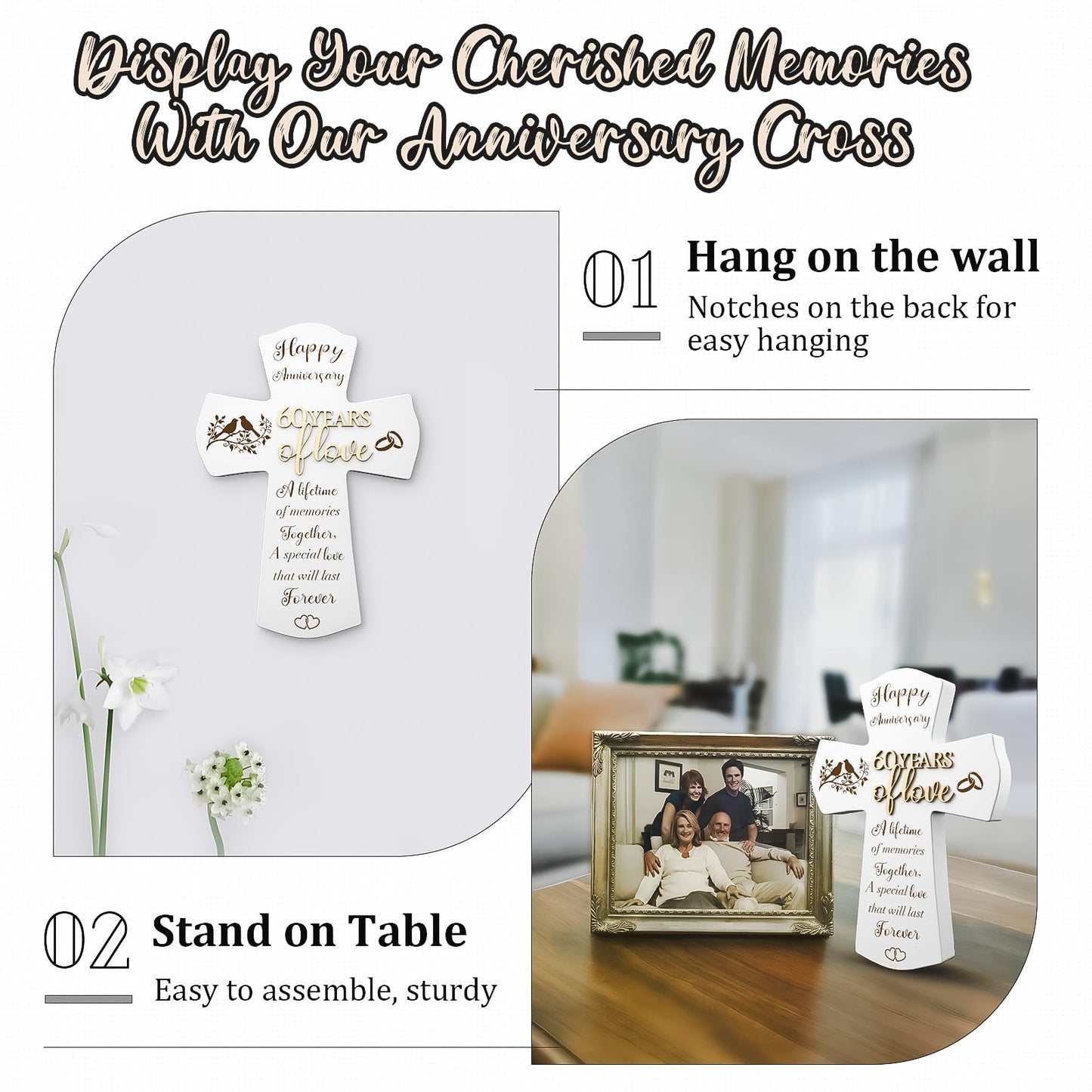 60th Anniversary Wedding Gifts for Wife Husband, Religious Cross Gifts for Women Men,60 year Romantic Anniversary Marriage Gift for Her,Him,Couple,Parents,Friends,Wedding Anniversary Decorations