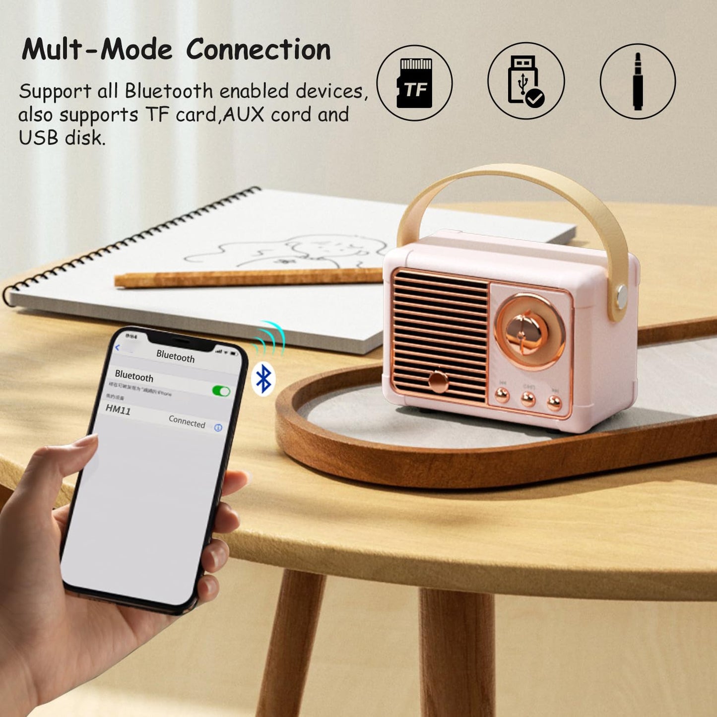 Baolira Retro Bluetooth Speaker, Portable Wireless Speaker with Crystal Clear Stereo Sound Rich Bass, Best Birthday Gifts Ideas for Women Teenage (Pink)