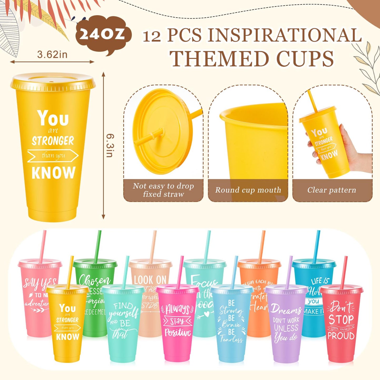 Hollowfly 12 Sets / 48 Pcs Inspirational Gifts Bulk for Employee Appreciation, 24 oz Plastic Cups and Pens Notebooks Keychains Set, Group Gifts for Office Staff Coworkers (Pastel)