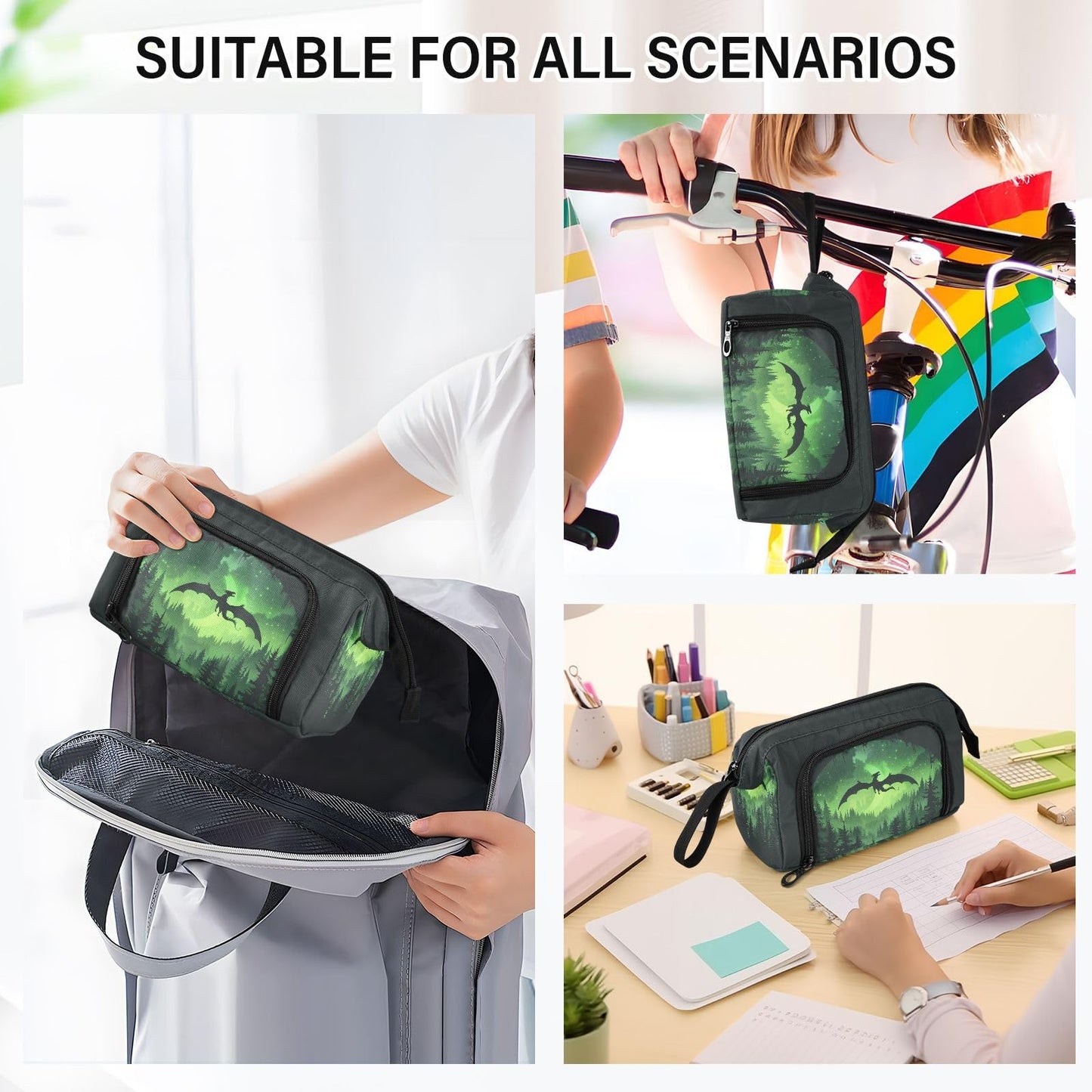 Sletend Cool Dragon Green Pencil Bag Pencil Case for Teen Boy Girl, Big Capacity Pen Bag Zipper Pencil Pouch with Handheld Aesthetic Pencil Pouch with Print School Office Pencils Stationery
