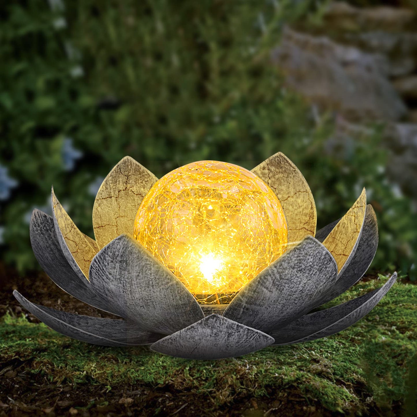 AIINY Garden Solar Light Outdoor(2Pack), Amber Crackle Globe Glass Lotus Decoration, Waterproof Gary Metal LED Flower Lights for Patio,Lawn,Walkway,Tabletop, Garden Gifts for Women