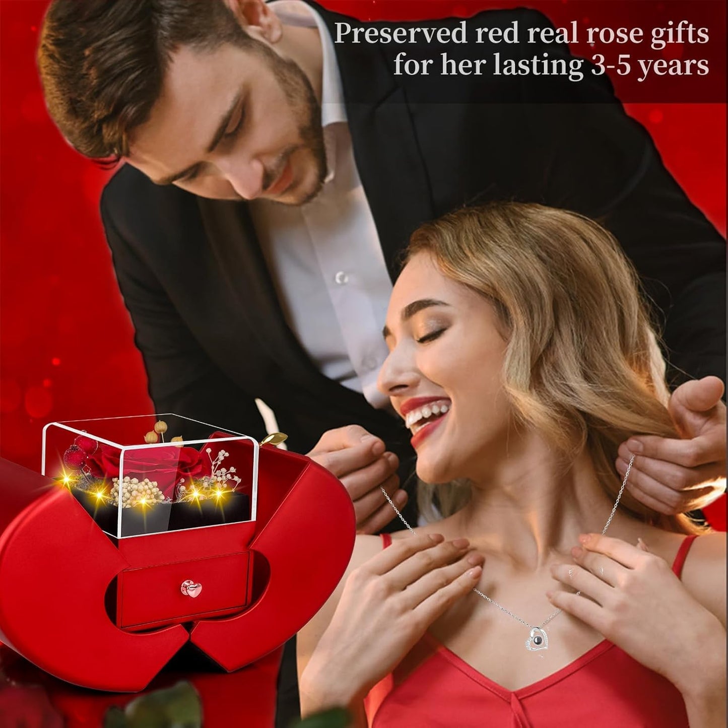 Lebana Preserved Red Real Rose with I Love You Necklace, Mothers Day Gifts for Mom Women Her Wife Girlfriend Grandma Birthday Mothers Day Valentines Christmas Anniversary Romantic-Red