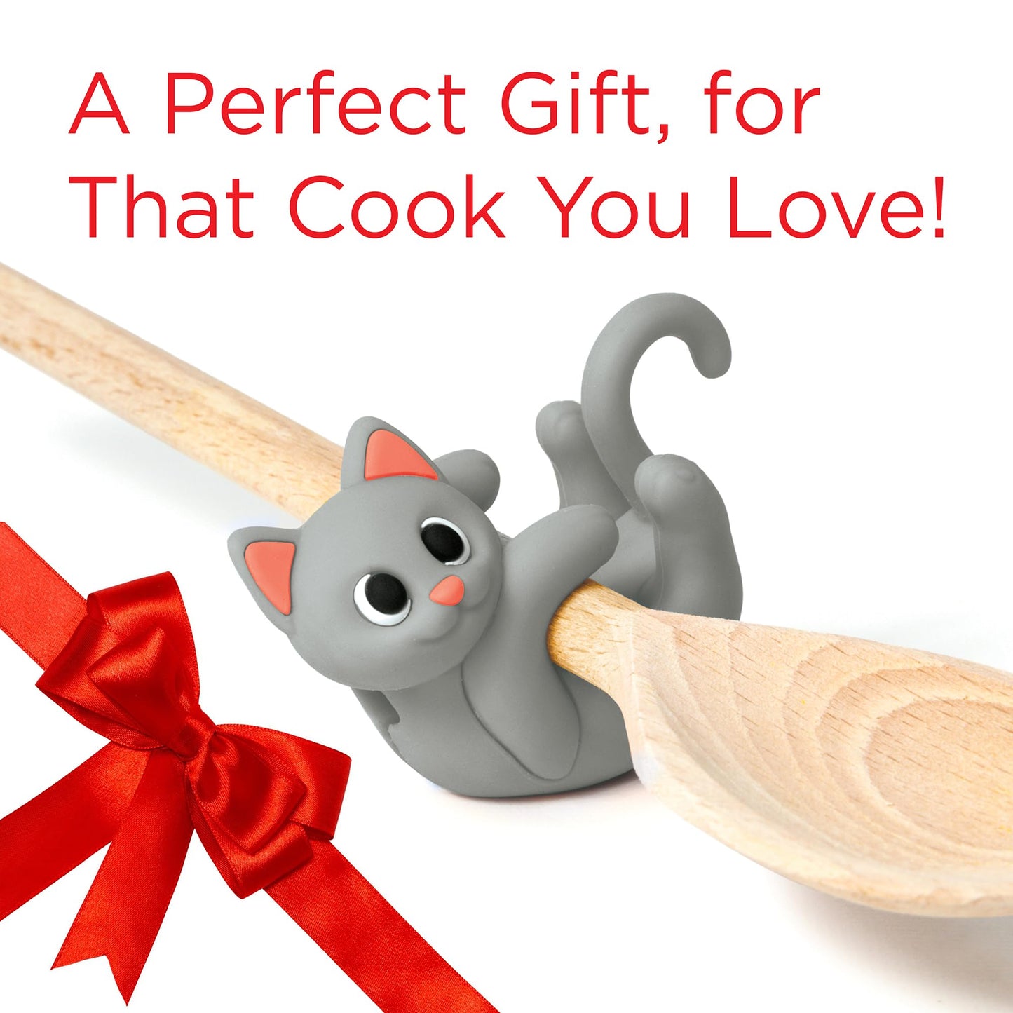 Gray Cat Spoon Rest for Stove Top – Silicone Pot Clip Utensil Holder & Lid Lifter – Funny Kitchen Gadget, Unique Grey Tabby Cat Gifts for Women – 3" x 2.5"
