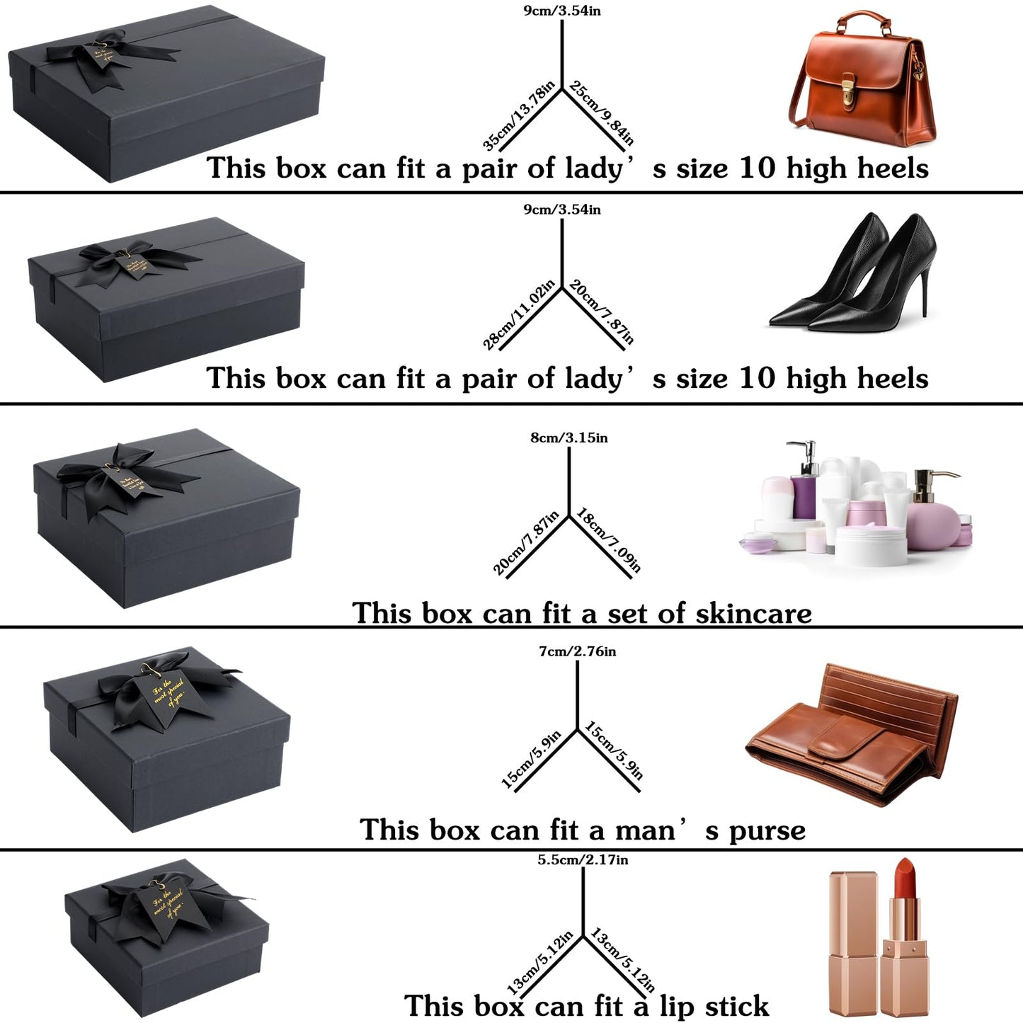 Afgaogw 5 Pack Black Nesting Gift Boxes with Lid, 5 Sizes Luxury Wrapping Boxes with Ribbon Bows & Label for Valentine's Day, Birthday, Weddings, Mother's Day & Thanksgiving Presents, 13.7'' to 5.1''