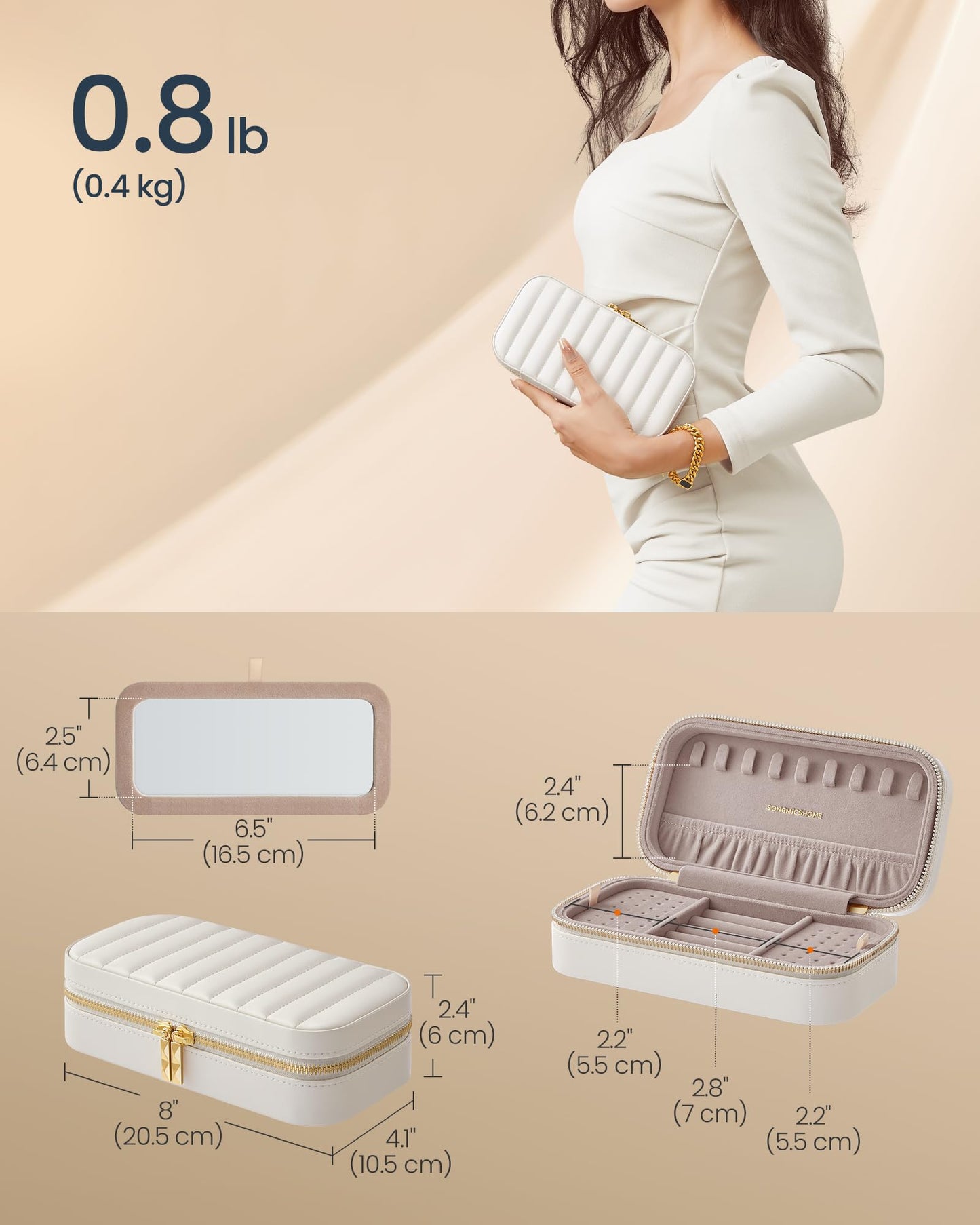 SONGMICS HOME Travel Jewelry Case, Travel Jewelry Box Organizer with Mirror, 4.1 x 8 x 2.4 Inches, Stitching, Portable, Gift Idea, Cloud White UJBC180W01