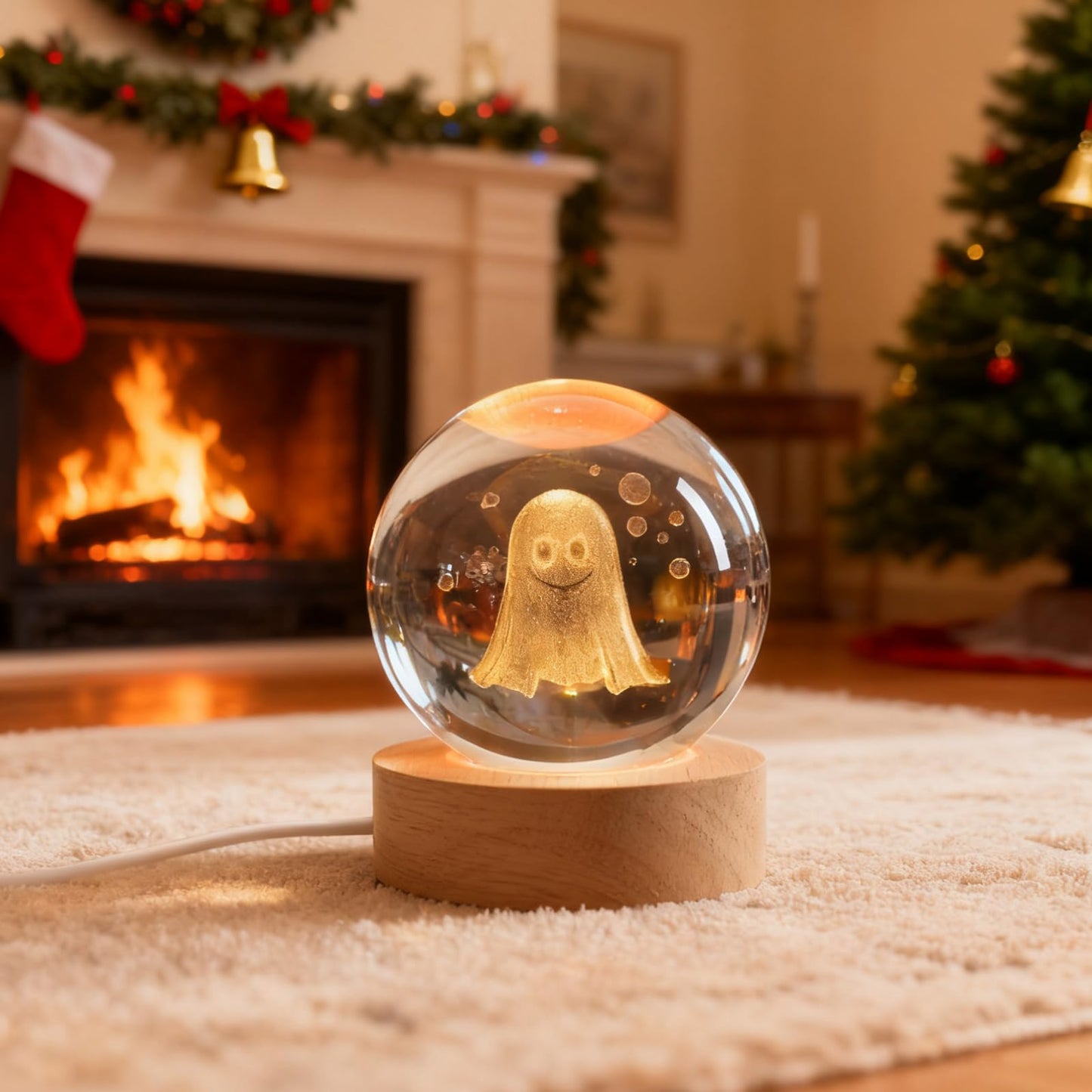 YummyCarrot 3D Ghost Crystal Ball Night Light,2.36inch Laser Engraved Led Light with Wooden Base, Gifting Box for Birthday Xmas Cool Figurines Gifts for Halloween Room Decor Boys Girls