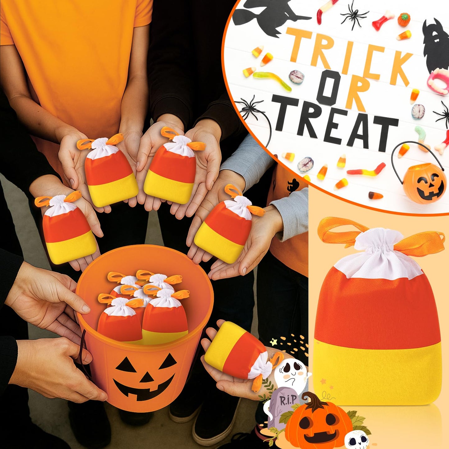 SATINIOR 24 Pack Thanksgiving Candy Corn Treat Bags Bulk Orange Fall Autumn Goodie Bags Small Satin Drawstring Funny 4"x6" Reusable Mini Gift Pouch for Holiday Party Favor Supply