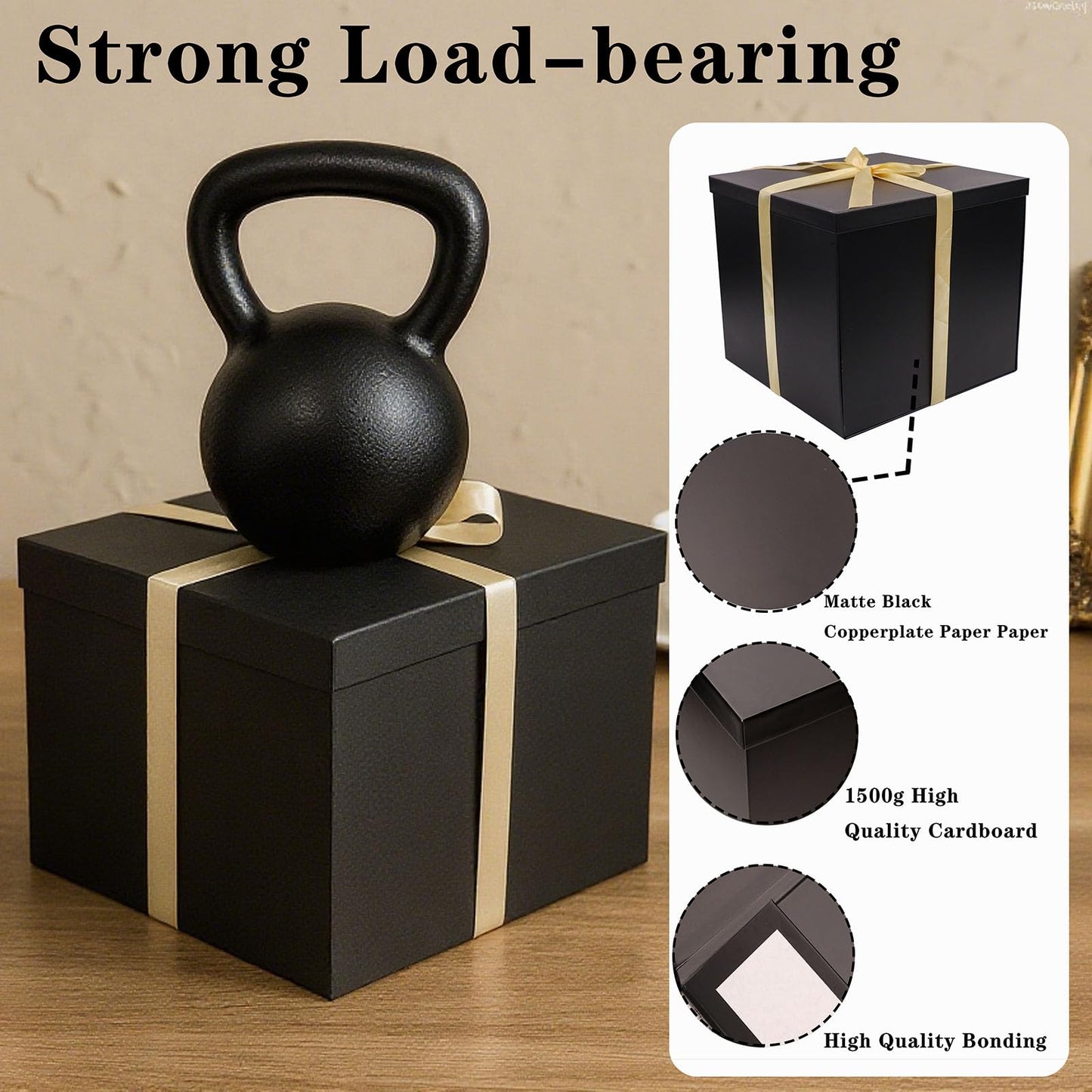 UoeRing Matte Black Large Gift Box 1Pcs 12x12x11 Inch,Gift Box with Lid for Presents Birthdays,Christmas Valentine's Day,Mother's Day, with Ribbon Card Envelope Shredded Paper Fill