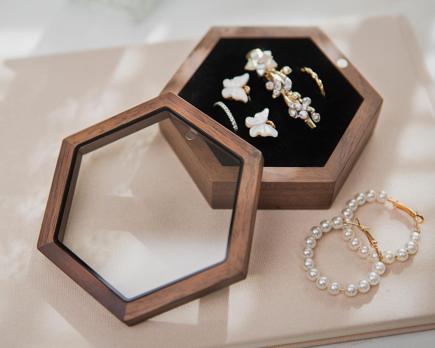 MUUJEE Wooden Hexagon Jewelry Box w/Magnetic Lid - 4.30 x 3.75 x 1.4 Rustic Classy for Jewelry Box Storage, Wedding Rings, Ceremony Ring Bearer