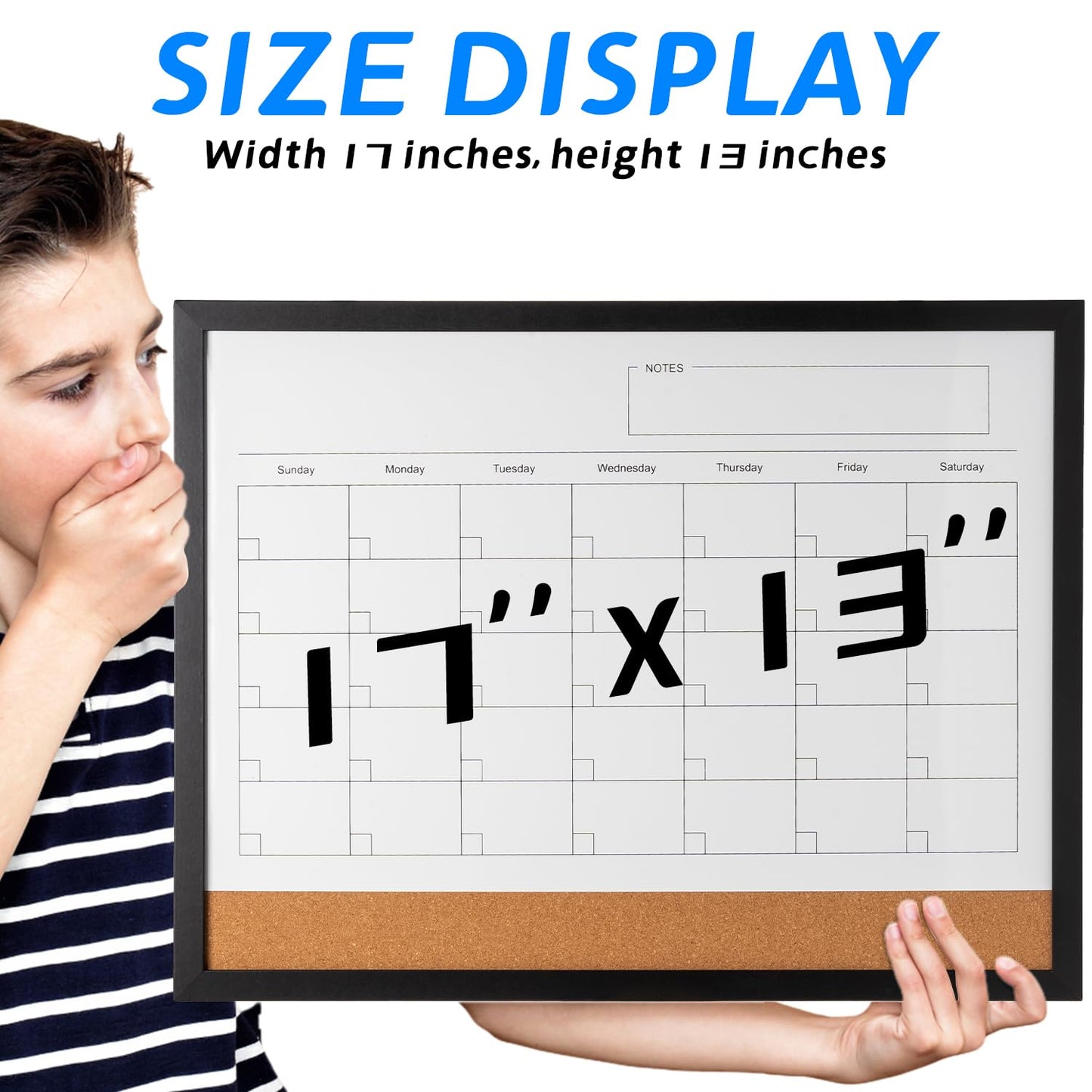 Dry Erase Calendar Whiteboard, 17" x 13" Magnetic Whiteboard Cork Board Combo, Reusable Monthly Planner with 8 Markers, Eraser, Magnets and Pushpins, Hanging Dry Erase Board for Home, School - Black