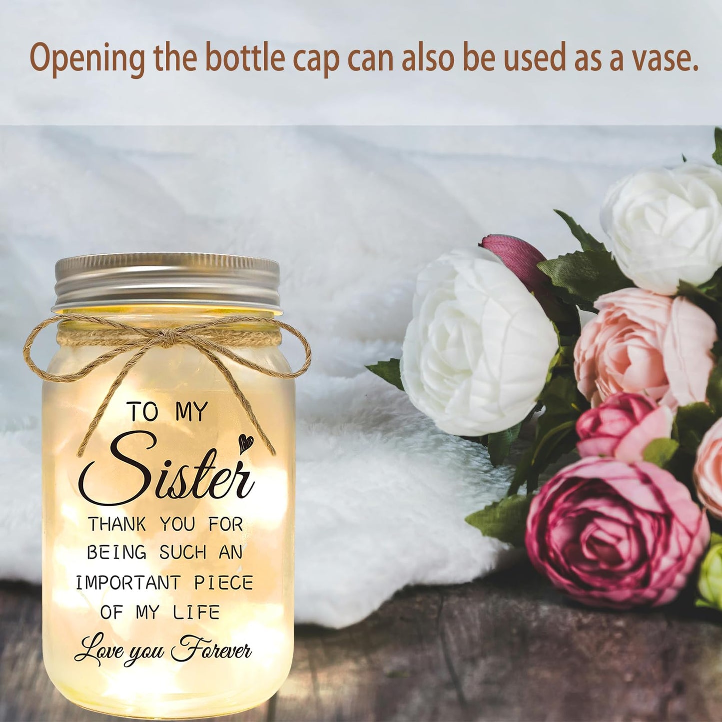 YOISTREVISK Sister Gifts - Mason Jar Night Lights with Warm Lights for Sisters, Unique Mothers Day Gifts for Sister Gift Ideas for Birthday Christmas Valentines Day, Heartfelt Home Decor Gift