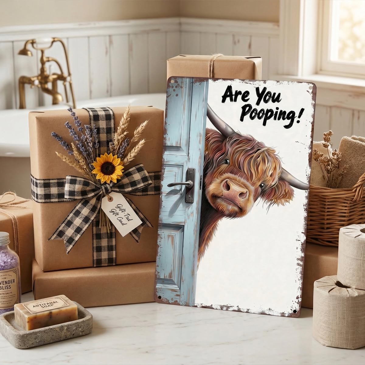 Funny Highland Cow Bathroom Sign - "Are You Pooping" Metal Tin Wall Art - Rustic Farmhouse Restroom Decor, Gag Gifts 8x12 Inch(26002)