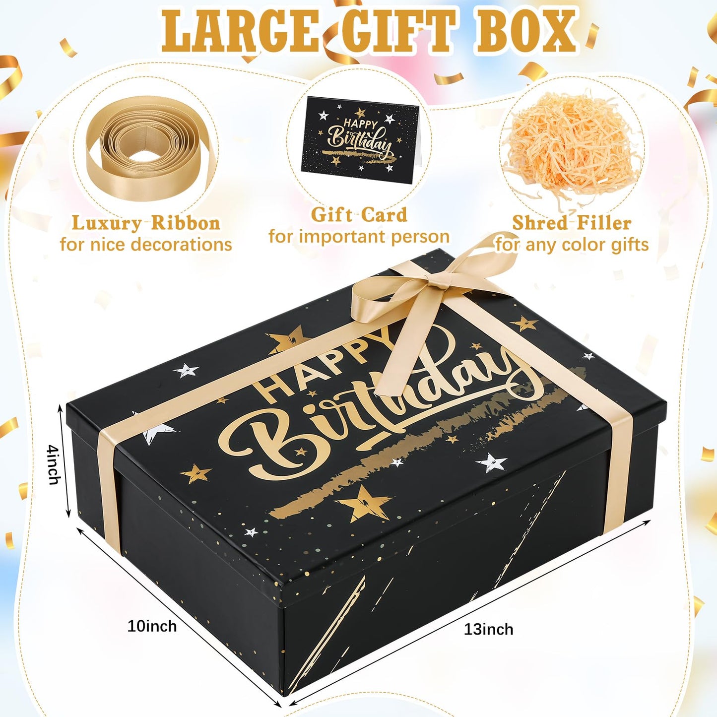 Ctosree Black Happy Birthday Gift Box with Lid for Presents, 13.5 x 10 x 4 Inch Gold Black Large Luxury Star Foldable Cardboard Box for Gift Packing, Contains Card, Envelope, Ribbon, Raffia Grass