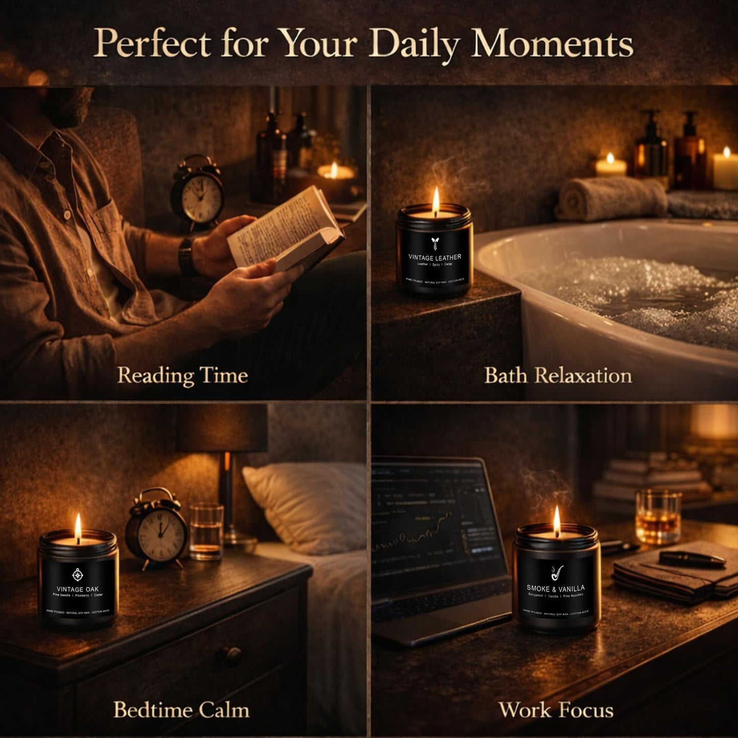 Candles for Men Gift Set, 4 Pack Masculine Scented Soy Candles for Men, Leather, Smoke, Oak & Lavender Scents, Aromatherapy Candle Gift Set for Dad, Husband, Boyfriend, Birthday & Father’s Day Gifts