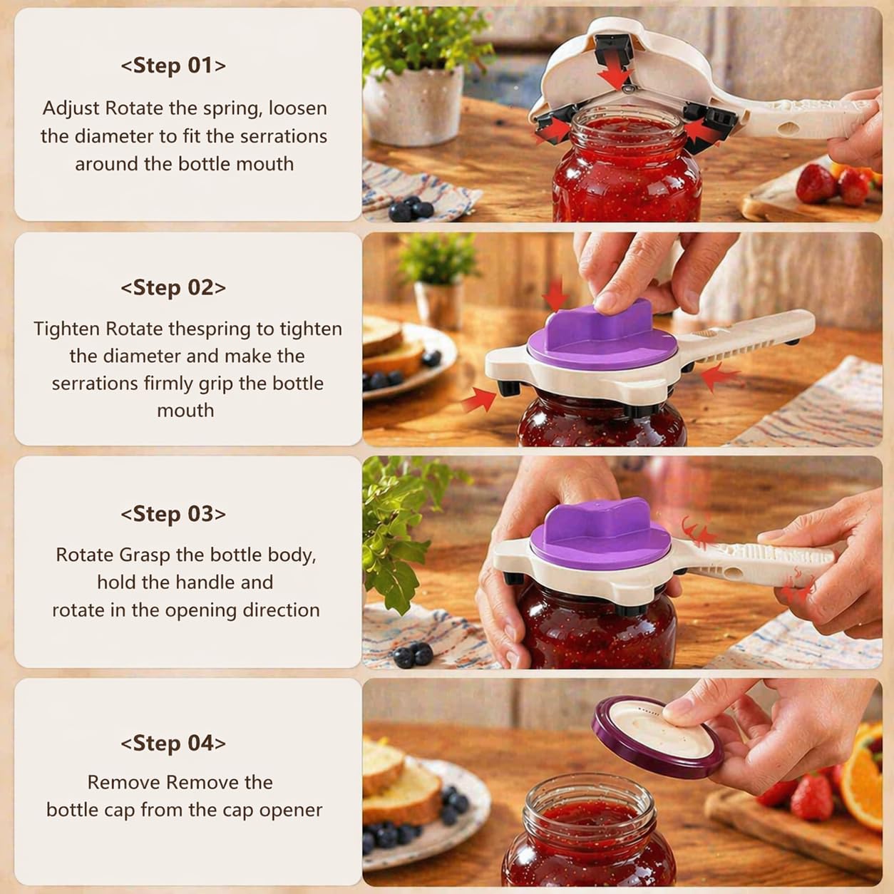 4-in-1 Multi-Purpose Jar Opener – Upgraded Adjustable Three-Claw Bottle Opener with Non-Slip Teeth, Multi-Size Lid Tool for Jars, Cans, Wine Bottles – Essential Kitchen Helper(Brown)