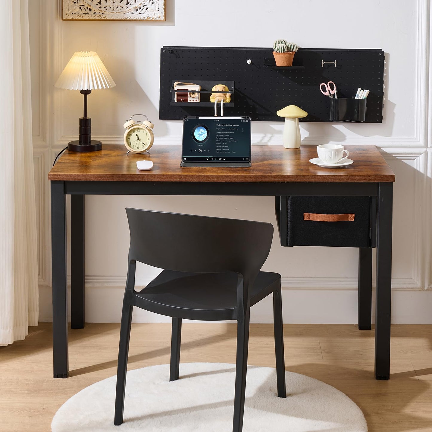 Ingdgnoso Computer Desk with Drawer, 47 Inch Home Office Work Desks, Modern Writing Study PC Desk Gaming Table for Small Place Bedroom, Thickened Tabletop and Stable Metal Frame Leg(Rustic Brown)
