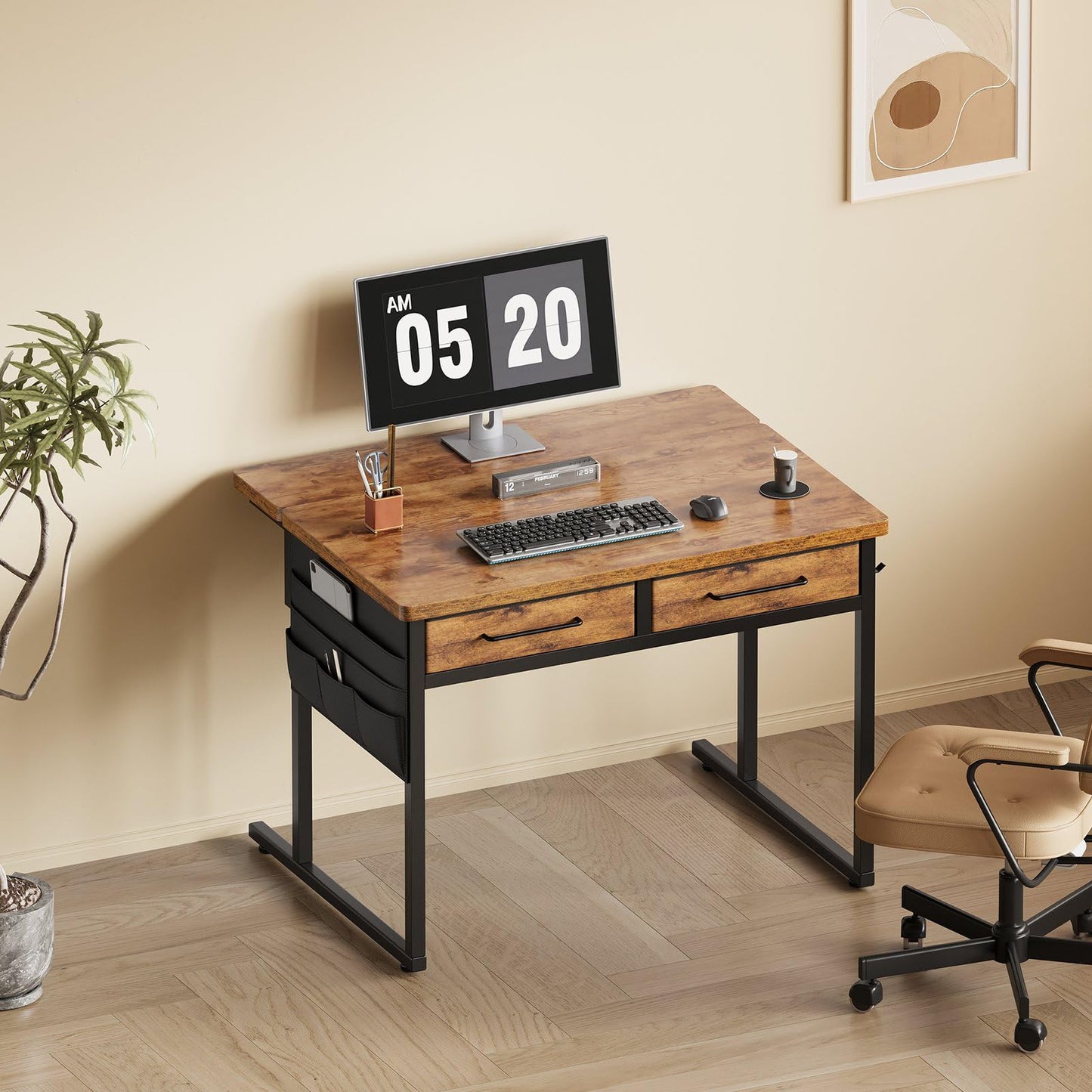 Maihail Small Desk with Drawers, 31.5X15.8-22.9 Inches Office Computer Desk with Side Pocket & Ergonomic Monitor Stand, Writing Table for Small Spaces, Bedroom, Kids Desk, Vanity Desk, Rustic Brown