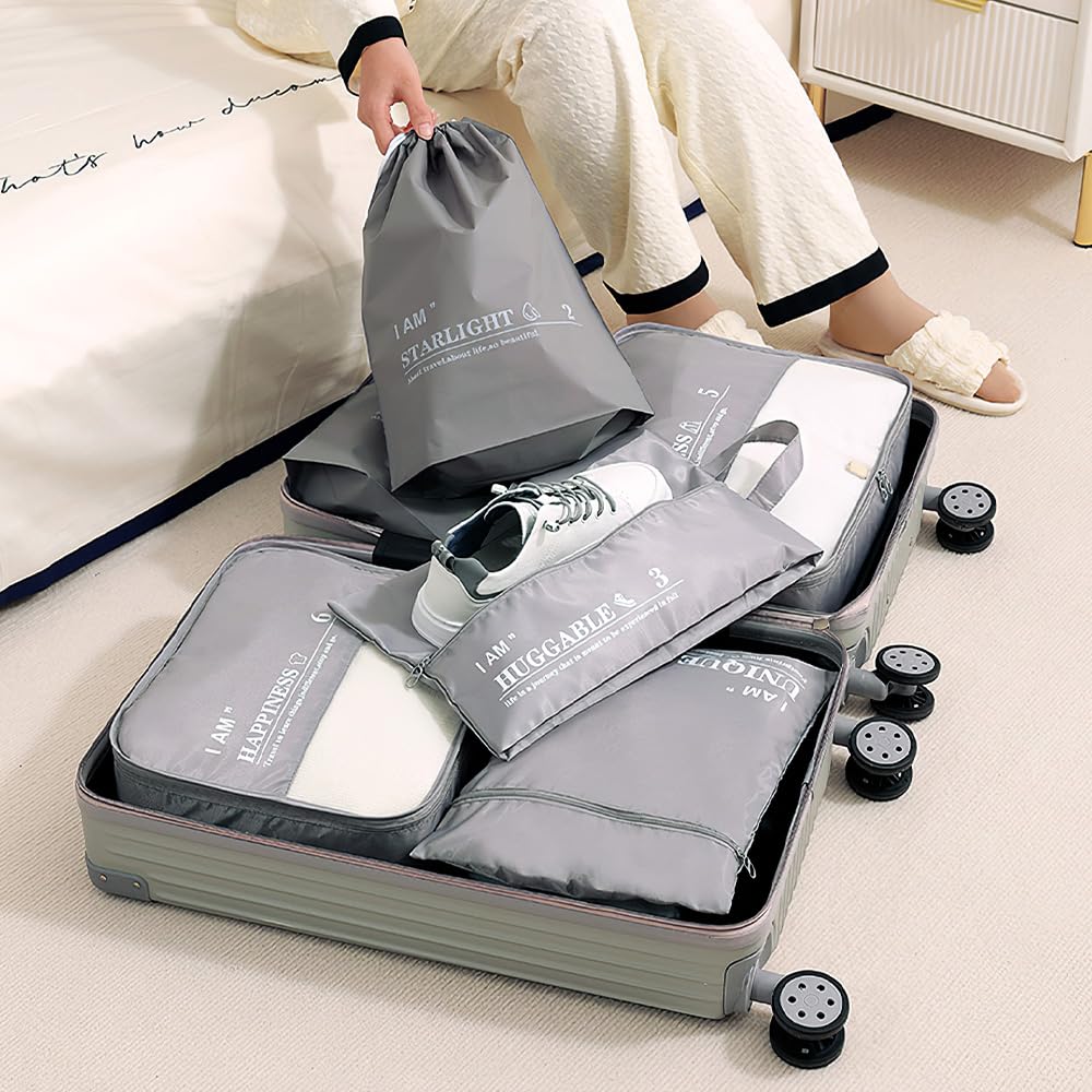 Omnpak 6 Set Packing Cubes Luggage Organizer Bags for Travel Accessories, Suitcase Organizer Bags Set Durable Lightweight with Shoe Bag Waterproof Drawstring Bag