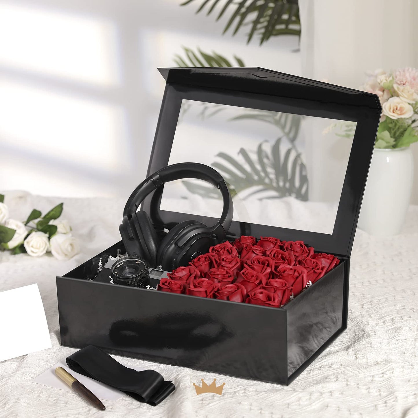 PACKQUEEN Large Black Gift Box with Window, 13.5x9x4.1 Inches Clear Gift Box for Present Contains Ribbon, Card, Groomsman Proposal Box with Magnetic Lid (Glossy Black)