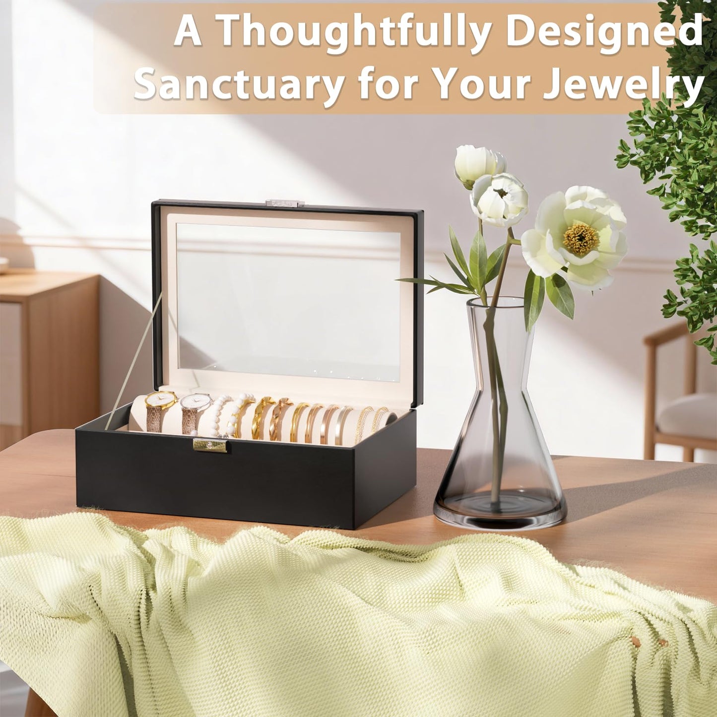 Jolensoy Jewelry Organizer Box with Clear Glass Lid, Bracelet Holder Jewelry Storage Case for Earrings, Rings, Bangles, Watches - PU Leather Jewelry Display Box Gifts for Women Girls, Black