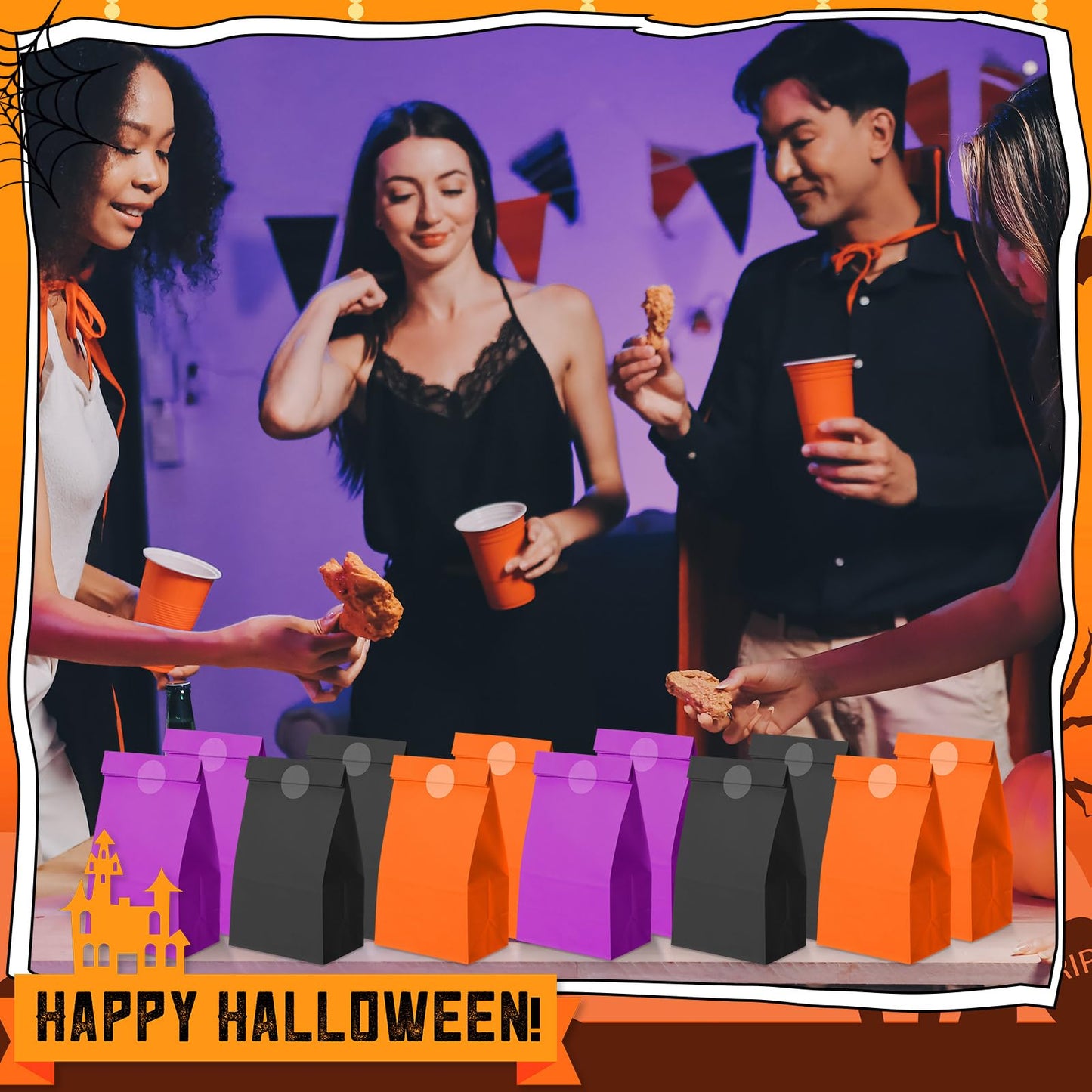 Skyygemm 36 Pcs Halloween Party Favor Paper Bags Candy Paper Gift Bags with Stickers 5.1 x 3.2 x 9.5'' for Festival Holiday Baby Shower Birthday Wedding Party Anniversaries