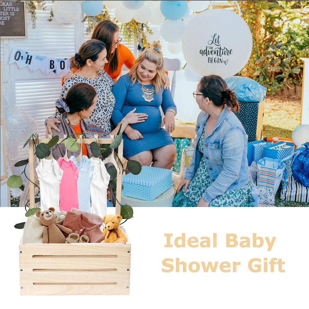 GaliGali Wooden Baby Shower Crate Closet, Newborn Gift Basket with Handle and Hanger Garland, Gender Reveal Storage Box, Personalized Baby Gift for Pregnant New Parents NO.LPL Wood-S